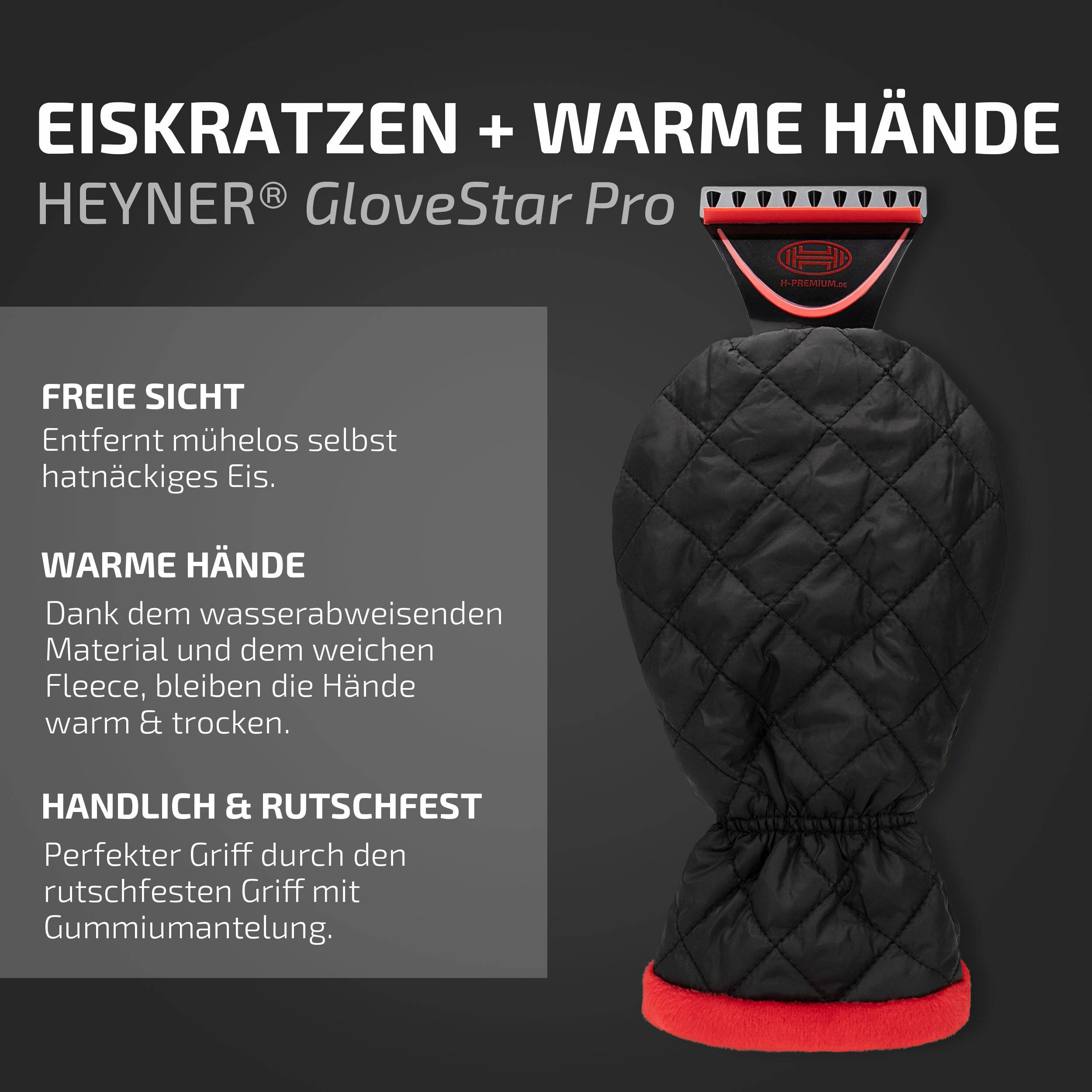 HEYNER® Eiskratzer mit Handschuh Scheibenkratzer ABS-Klinge 10cm Eisschaber mit Fleece-Innenfutter mit Steppnaht und