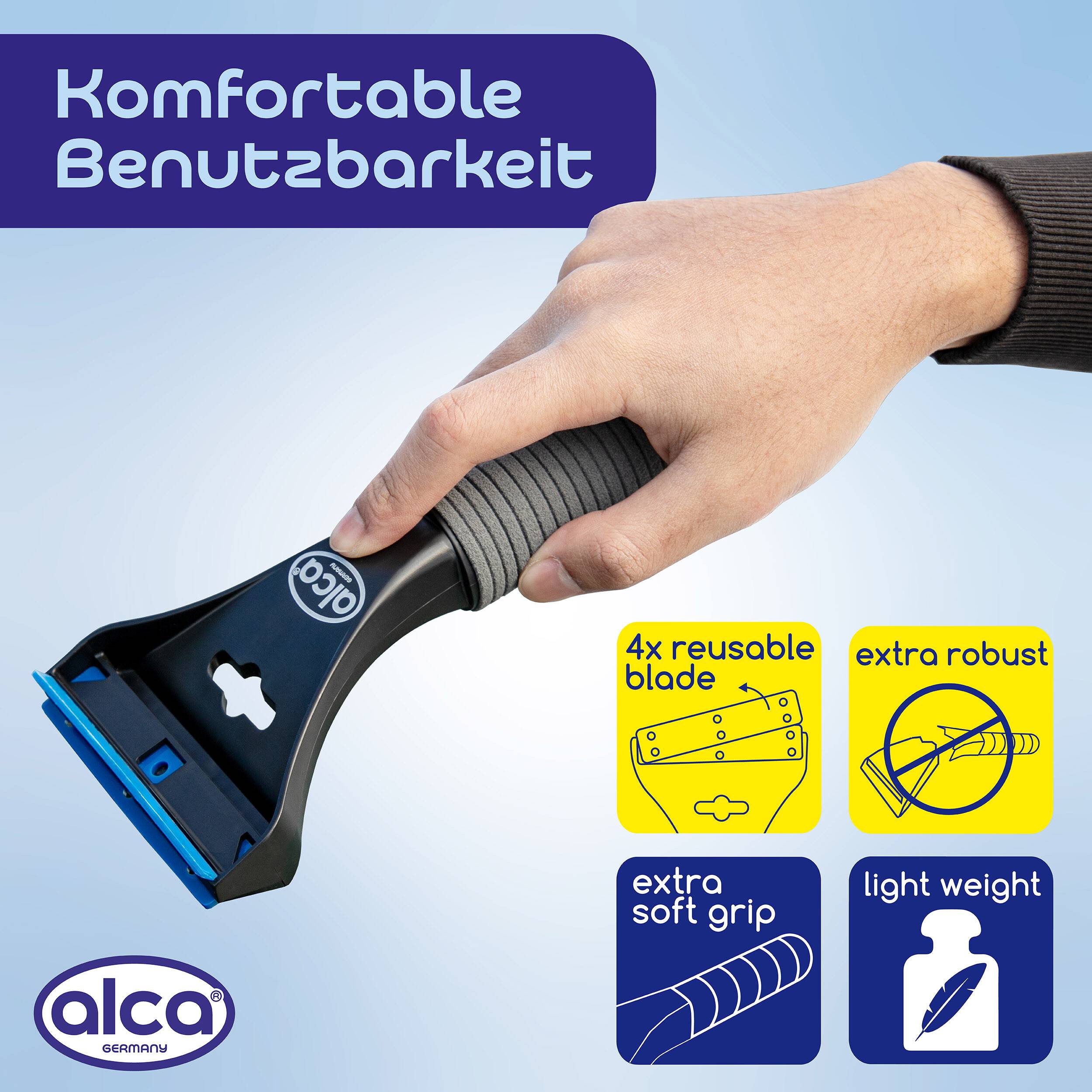alca® Auto Eiskratzer Eisschaber Scheibenkratzer mit weichem Griff, Gummilippe und Wechselklinge
