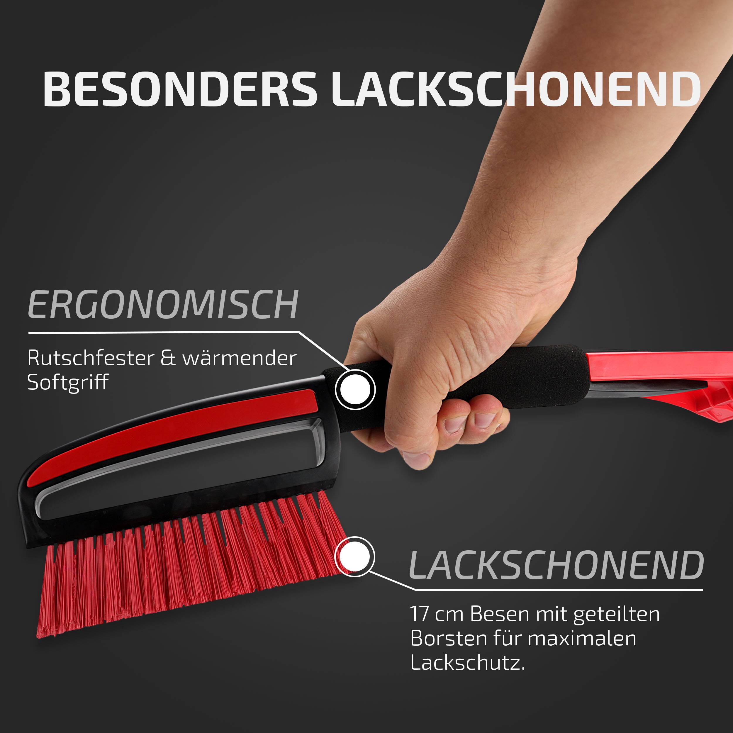 Eine Hand hält eine rot-schwarze Schneebürste mit weichem Griff und gespaltenen Borsten, die zum Schutz von Autolack entwickelt wurde. Der deutsche Text hebt ergonomische und lackfreundliche Merkmale hervor.