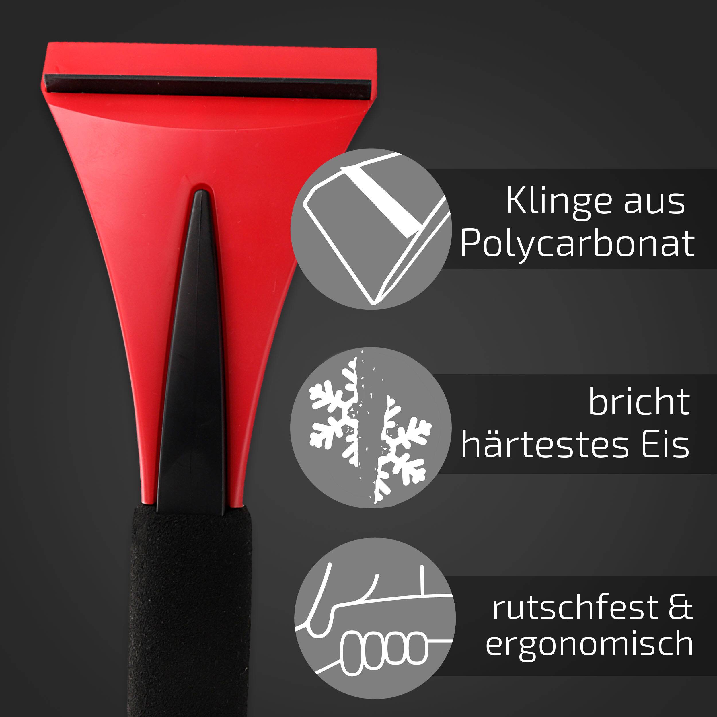 Roter Eiskratzer mit Polycarbonat-Klinge, die harte Vereisungen brechen kann. Verfügt über rutschfesten und ergonomischen Griff.