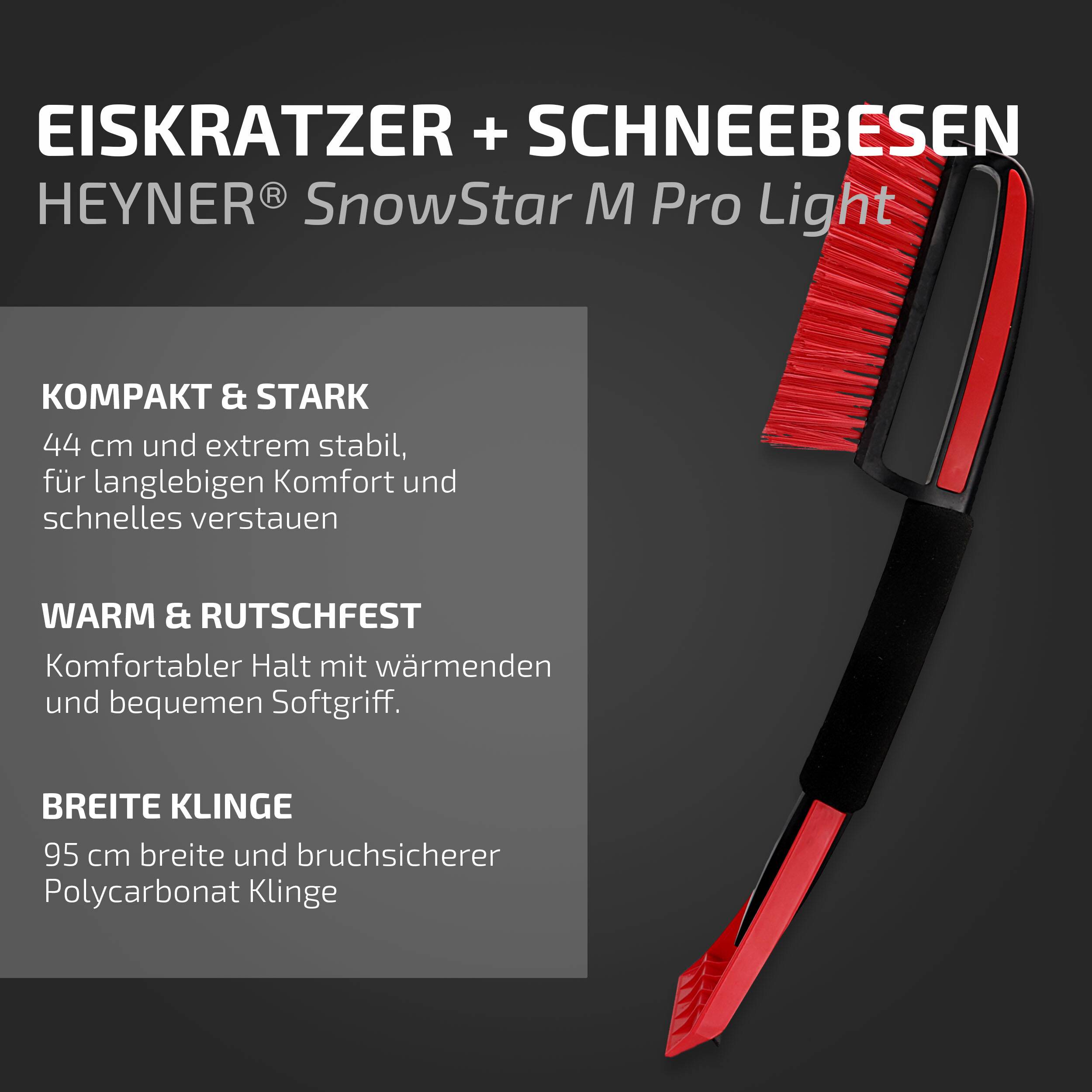 HEYNER® Eiskratzer Schneebesen Eisschaber Scheibenkratzer Auto mit 44 x 9,5 cm Klinge und Besen 1cm breit mit