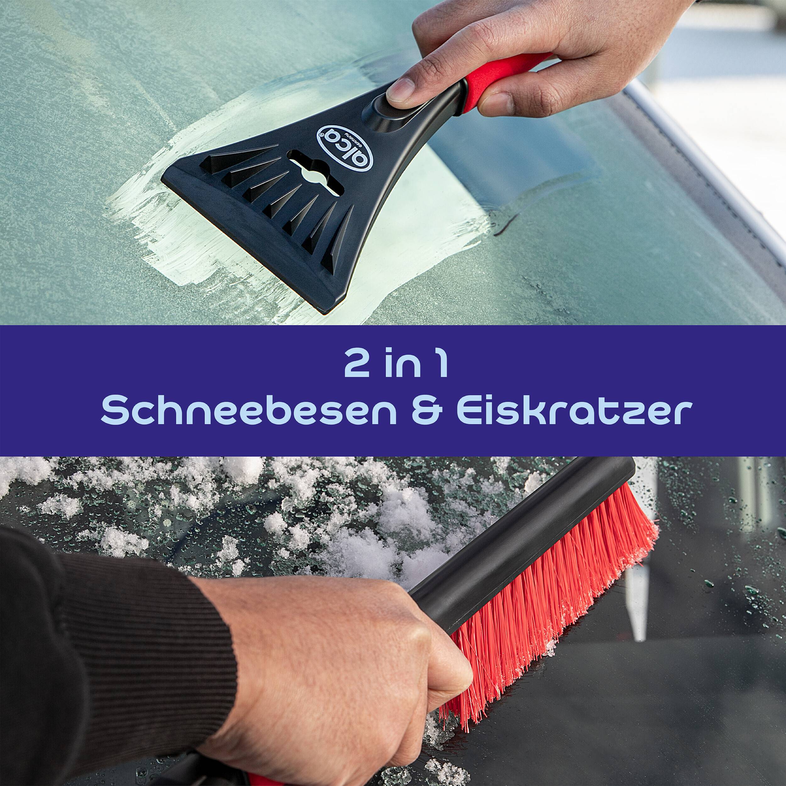 2-in-1 Schneebürste und Eiskratzer zum Reinigen von Eis und Schnee von einer Autoscheibe.