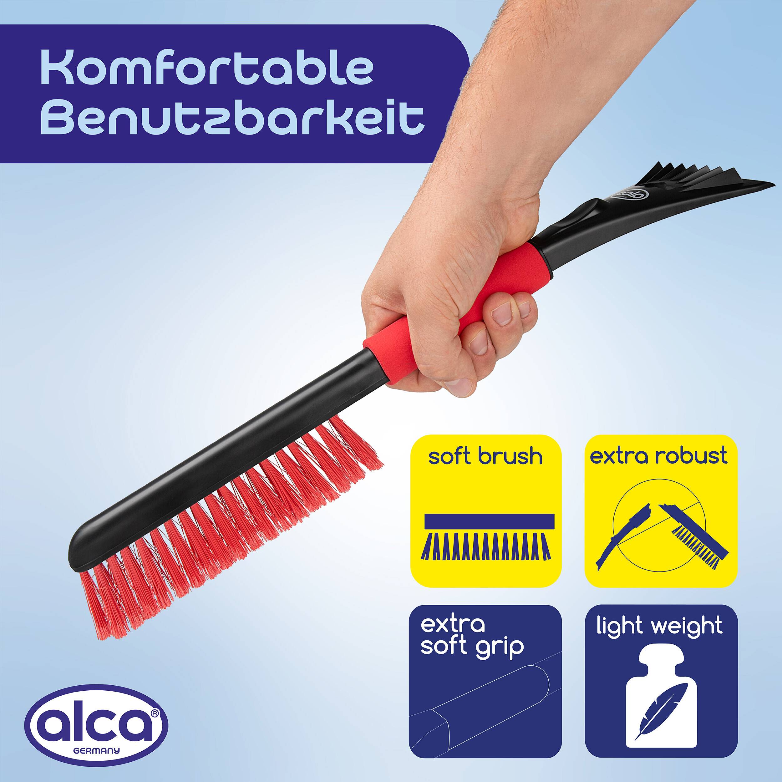 Alca Reinigungsbürste mit ergonomischem Griff; Text hebt weiche Bürste, extra robust, extra weiches Griffgefühl und leichtes Gewicht hervor.