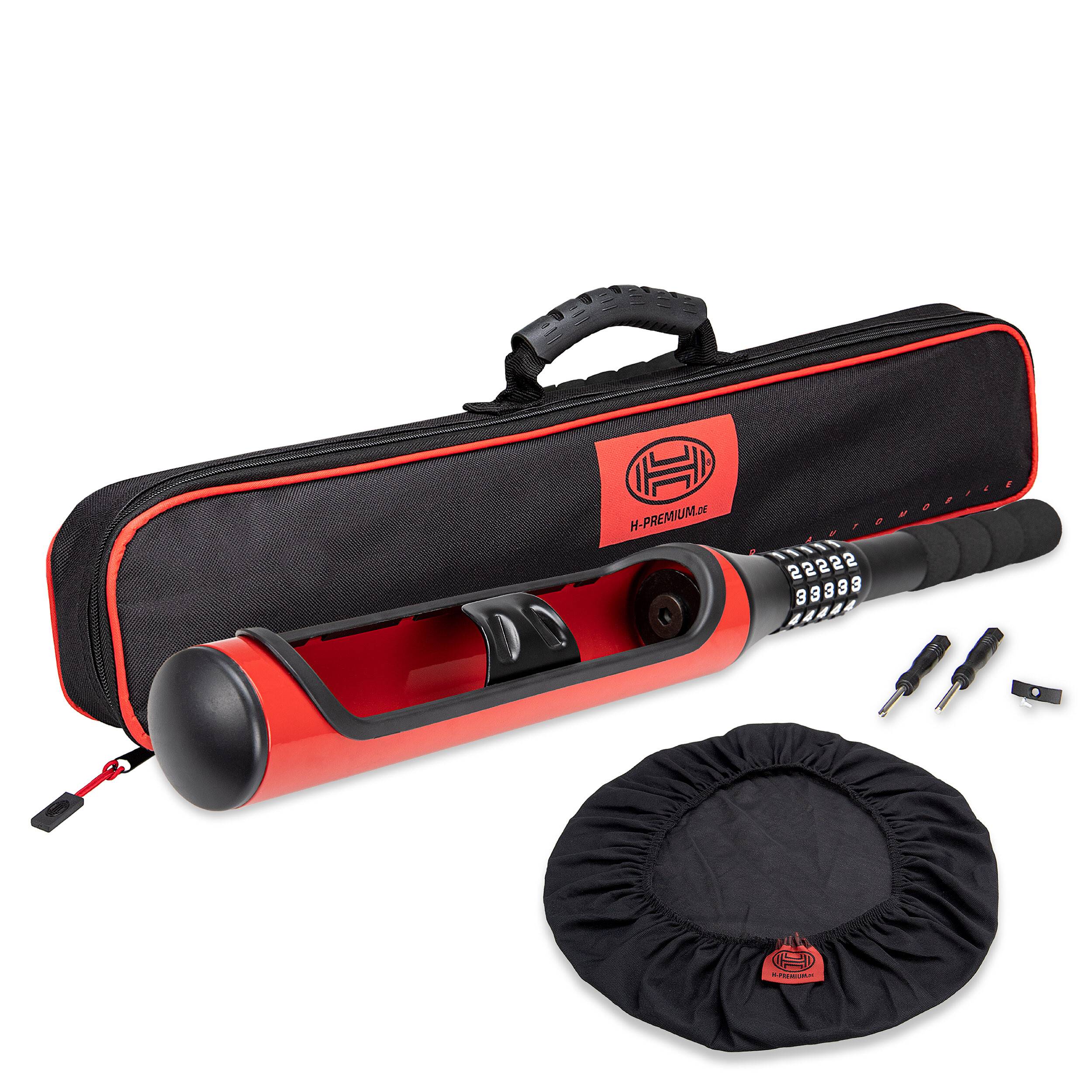 Ein schwarzes und rotes Baseball-Schläger-Sicherheitsset, bestehend aus einem Stahlschläger mit Zahlenschloss, Etui und Autoradabdeckung.