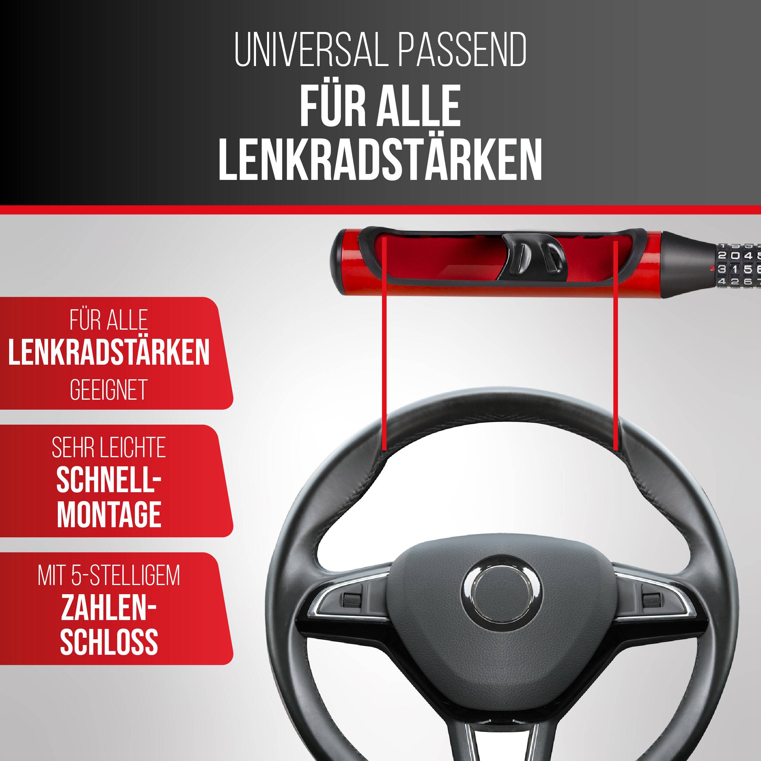 Produktanzeige für ein universelles Lenkradschloss für alle Lenkradstärken, mit schneller Montage und 5-stelligem Kombinationsschloss.