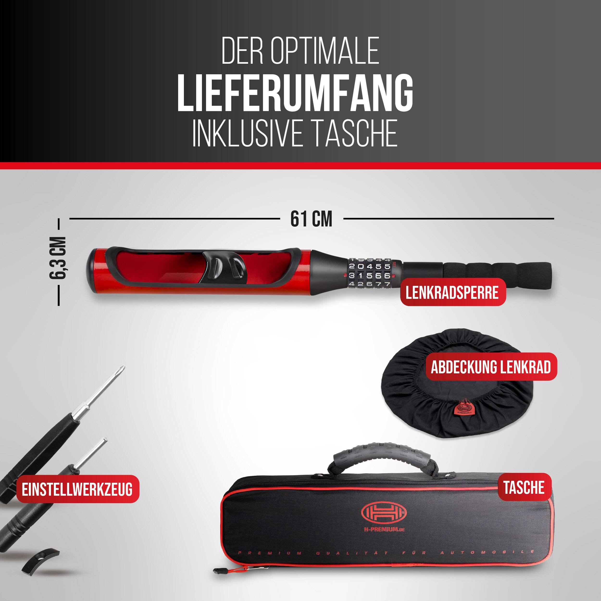 Produktbild zeigt den optimalen Paketinhalt: eine 61 cm Lenkradsperre, eine Lenkradabdeckung, ein Einstellwerkzeug und eine Transporttasche.