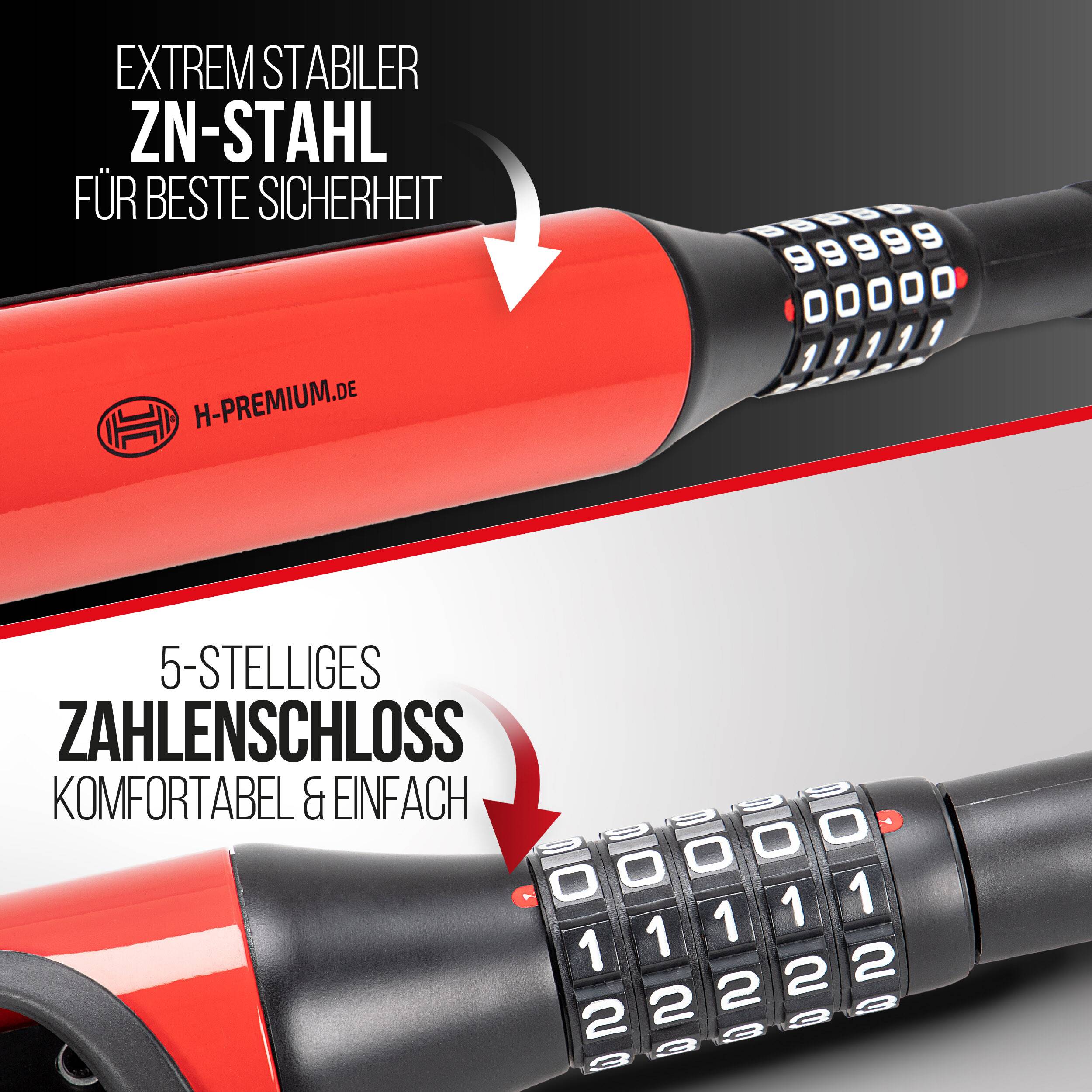 Rot-schwarzes Sicherheitskabelschloss mit 5-stelligem Kombinationszifferblatt, gekennzeichnet in German als äußerst stabiler Stahl und komfortabel, einfache Bedienung.