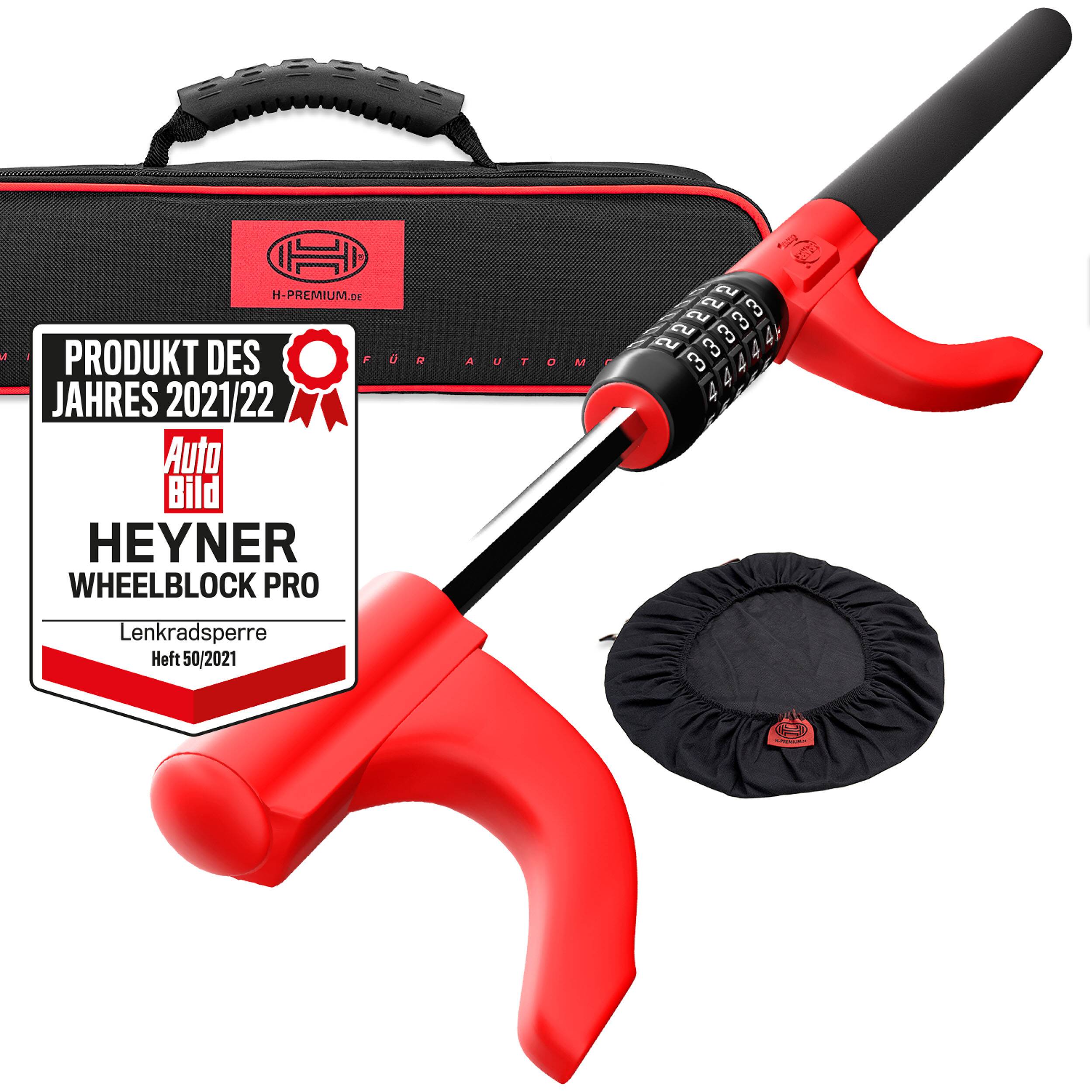 Lenkradschloss 'Heyner Wheelblock Pro' mit Kombinationszahlen. Mit Diebstahlschutzdesign und inklusive Aufbewahrungstasche.