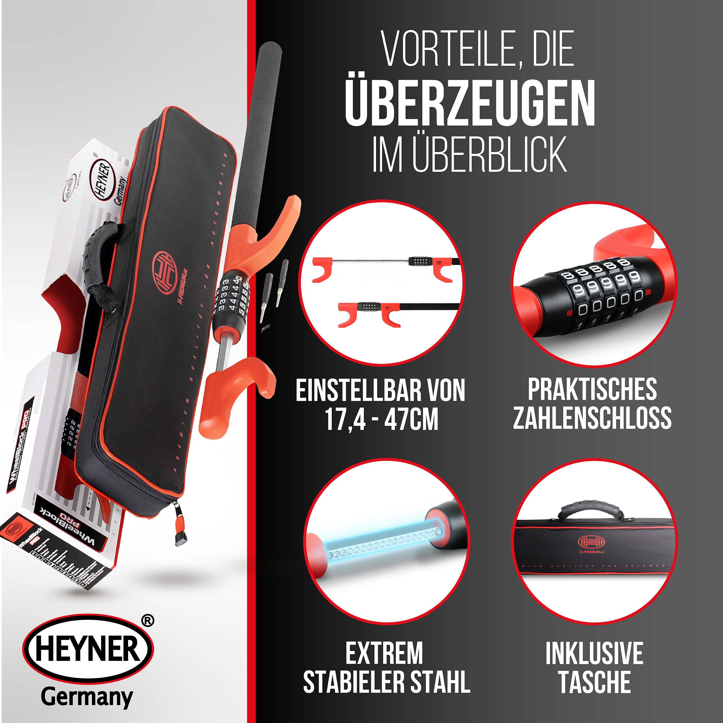 Werbebild einer Heyner Germany Autosicherheitsvorrichtung in einem Koffer mit verstellbarer Länge 17,4–47 cm, Kombinationsschloss, stabiler Stahlkonstruktion und mitgelieferte Tragetasche.