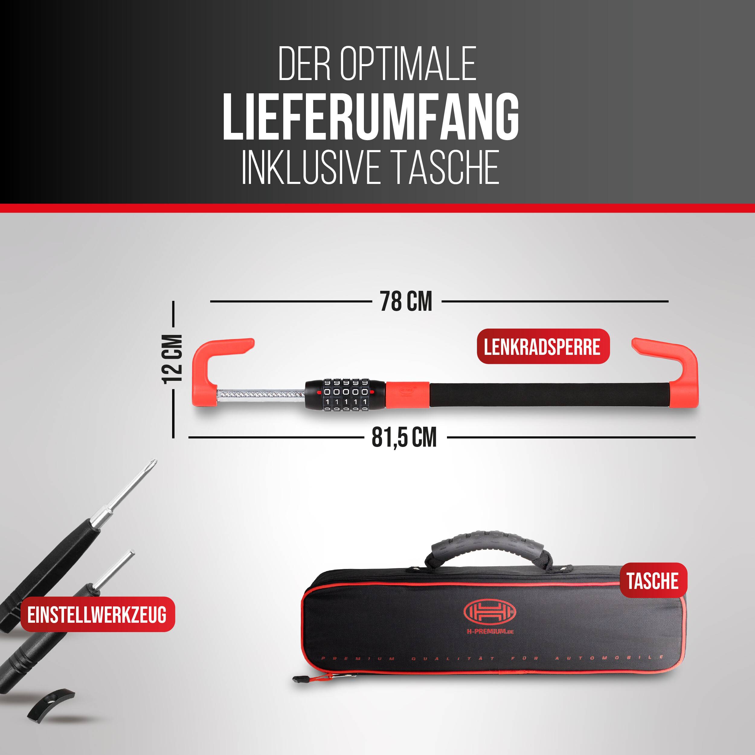 HEYNER® Pedal‑Lenkradsperre 49,5–78 cm – Diebstahlschutz mit 5‑stelligem Zahlenschloss, für PKW/Van/SUV, schwarz‑rot