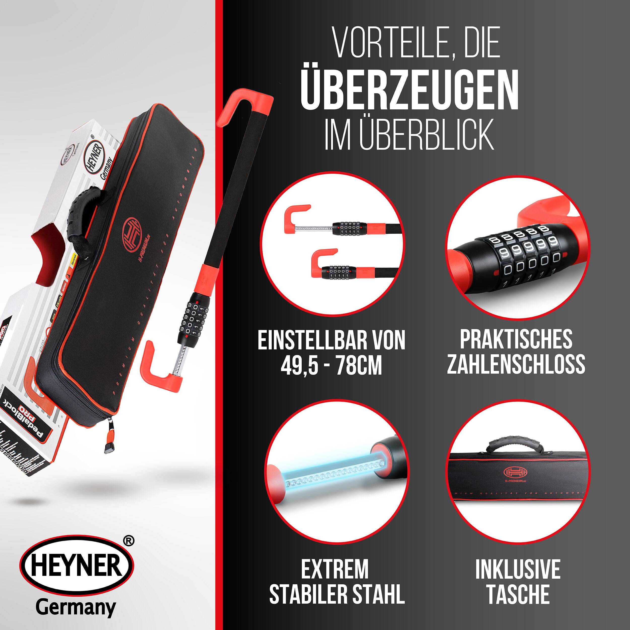 HEYNER® Pedal‑Lenkradsperre 49,5–78 cm – Diebstahlschutz mit 5‑stelligem