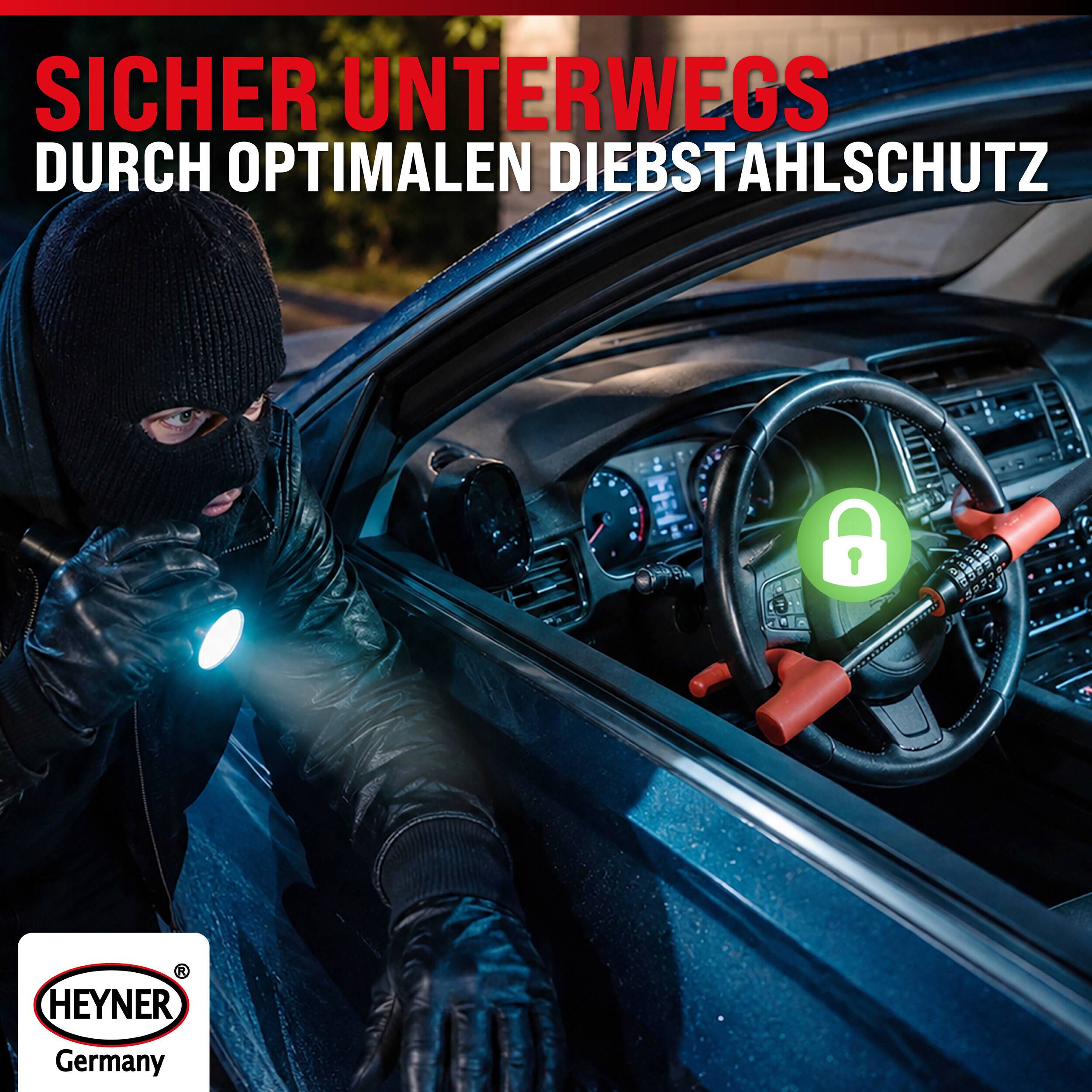 # Maskierter Dieb versucht, in ein Auto einzubrechen, mit einer Lenkradsperre und einem Schloss-Symbol; deutscher Text sagt „Sicher unterwegs durch optimalen Diebstahlschutz