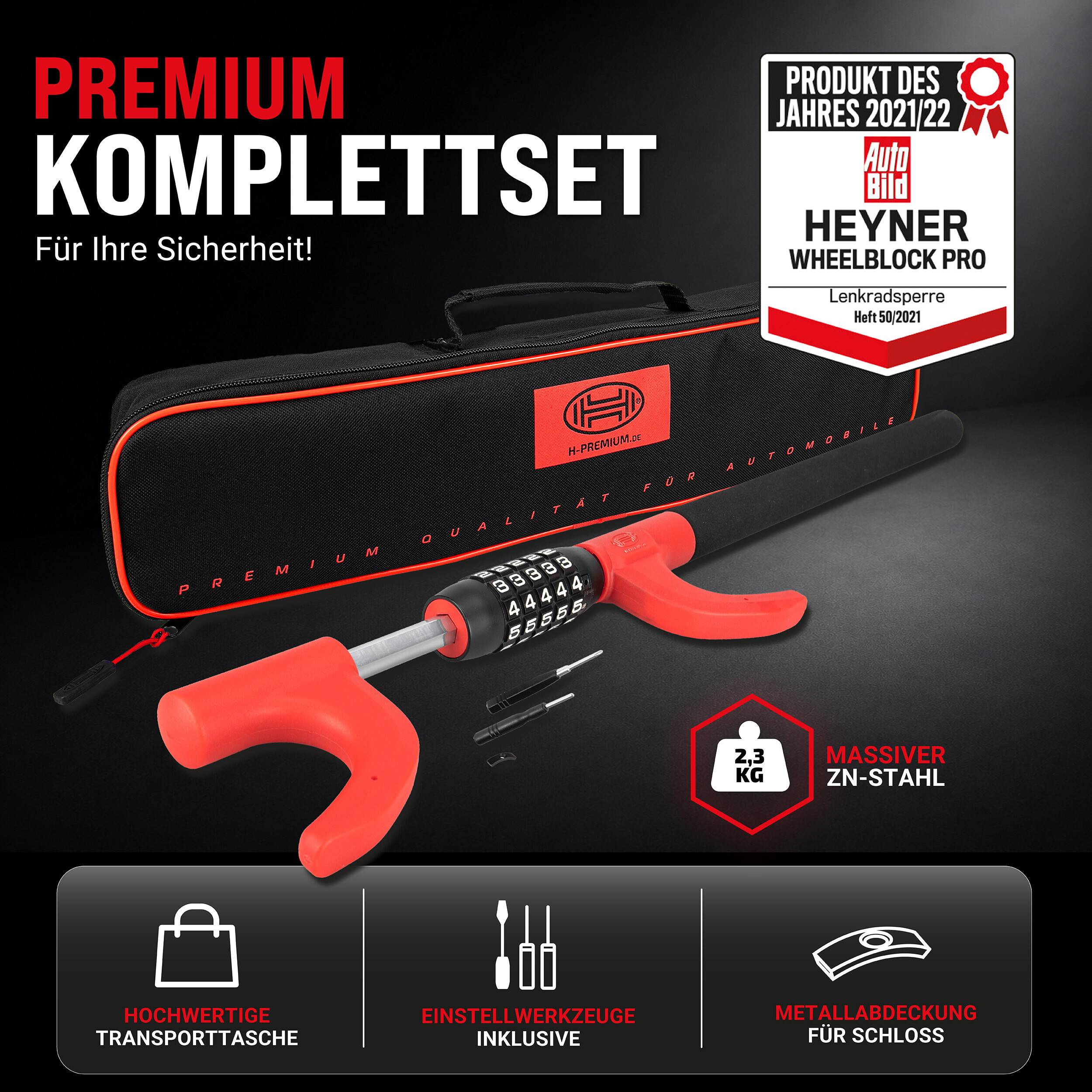 Produktanzeige für HEYNER Wheelblock Pro Lenkradschloss-Set, zeigt ein rot-schwarzes Schloss, Transportkoffer, Werkzeuge und Bezeichnungen „Produkt des Jahres 2021/22