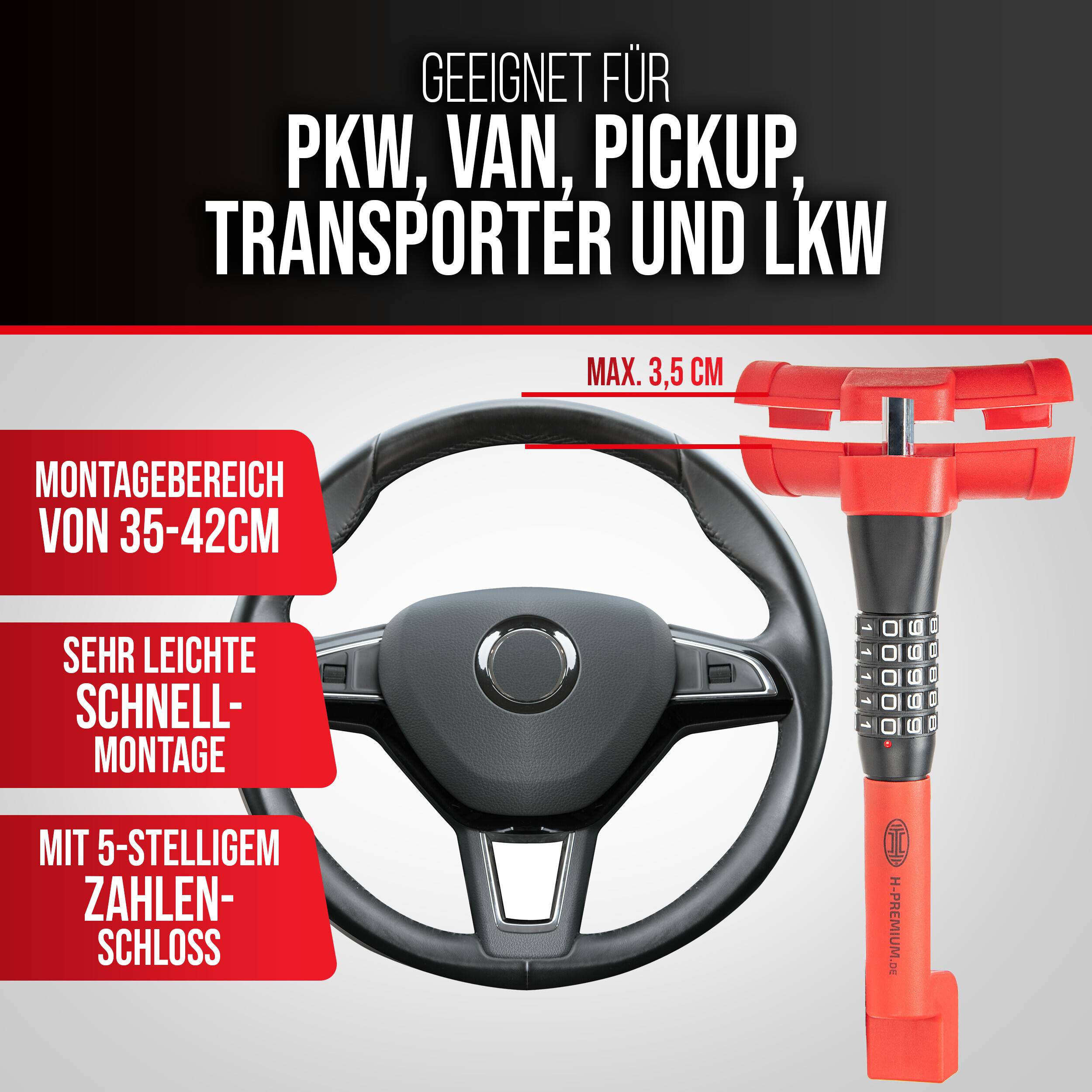 HEYNER® Lenkradsperre Auto, Diebstahlschutz mit 5‑stelligen Zahlenschloss, verstellbar 35–42 cm, rot‑schwarz