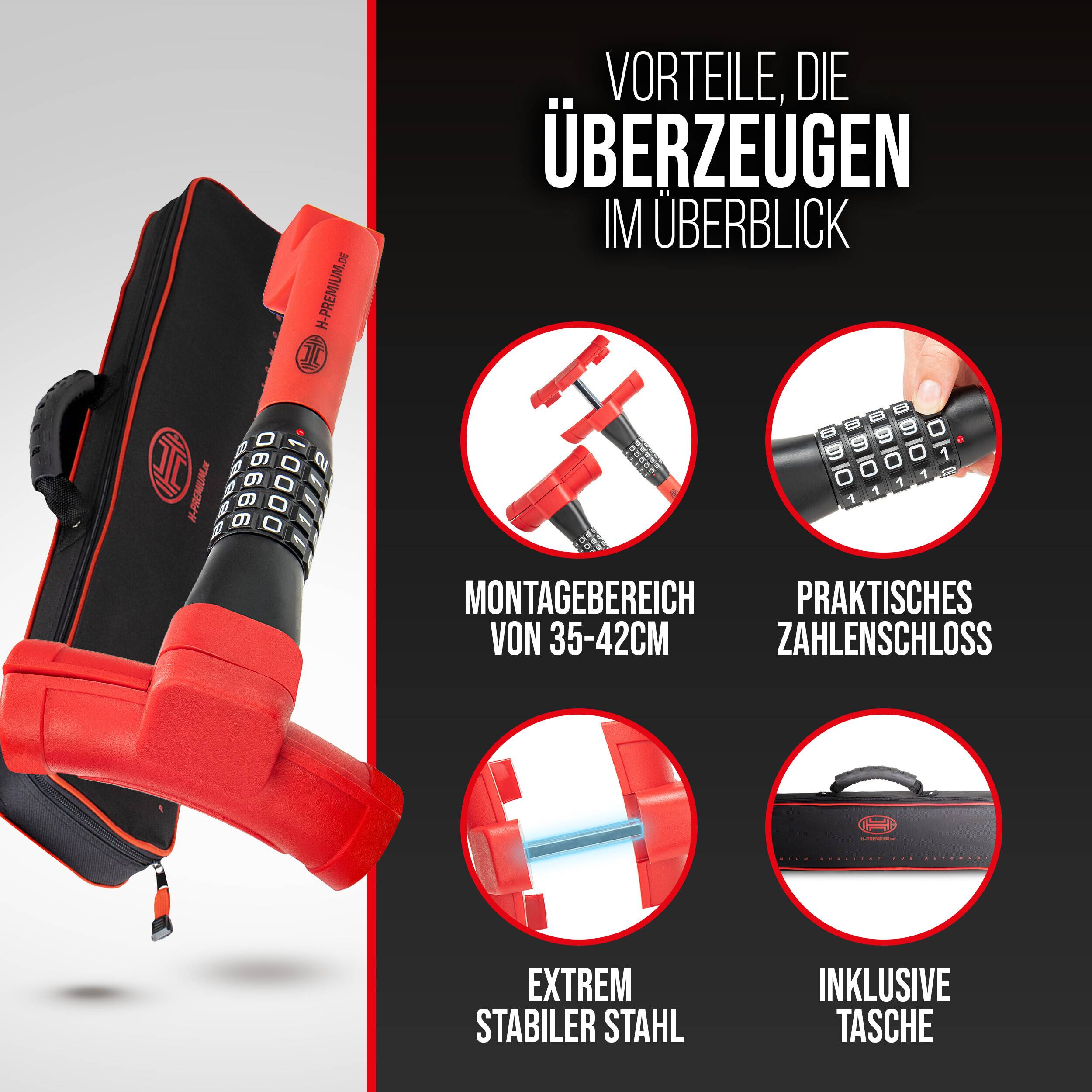 Werbegrafik eines rot-schwarzen Kabelschlosses mit Transporttasche, die ein Verstellbereich von 35–42 cm, Zahlenschloss, starken Stahl und die enthaltene Tasche hervorhebt.