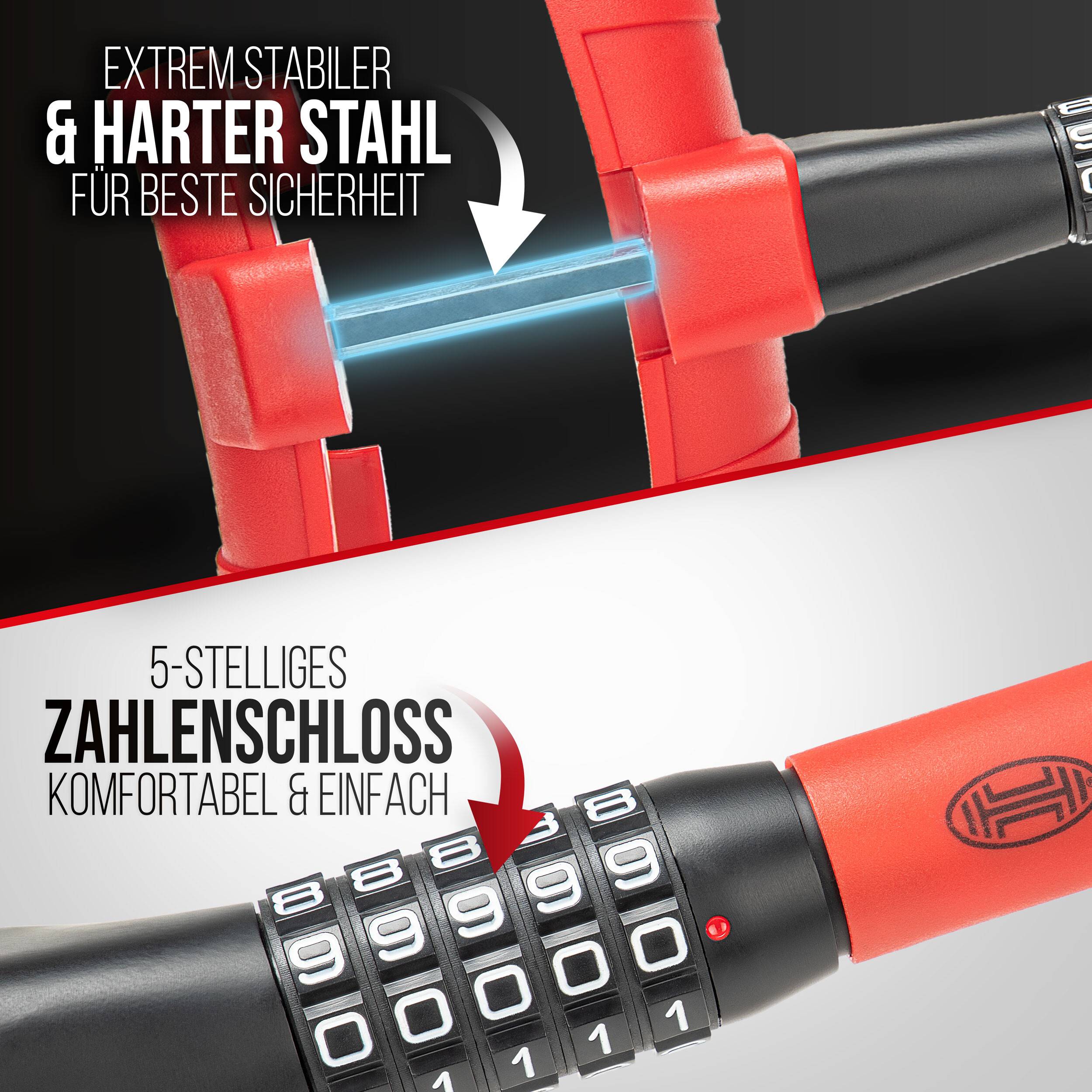 HEYNER® Lenkradsperre mit 5‑stelligen Zahlenschloss, 35-42 cm verstellbar rot-schwarz