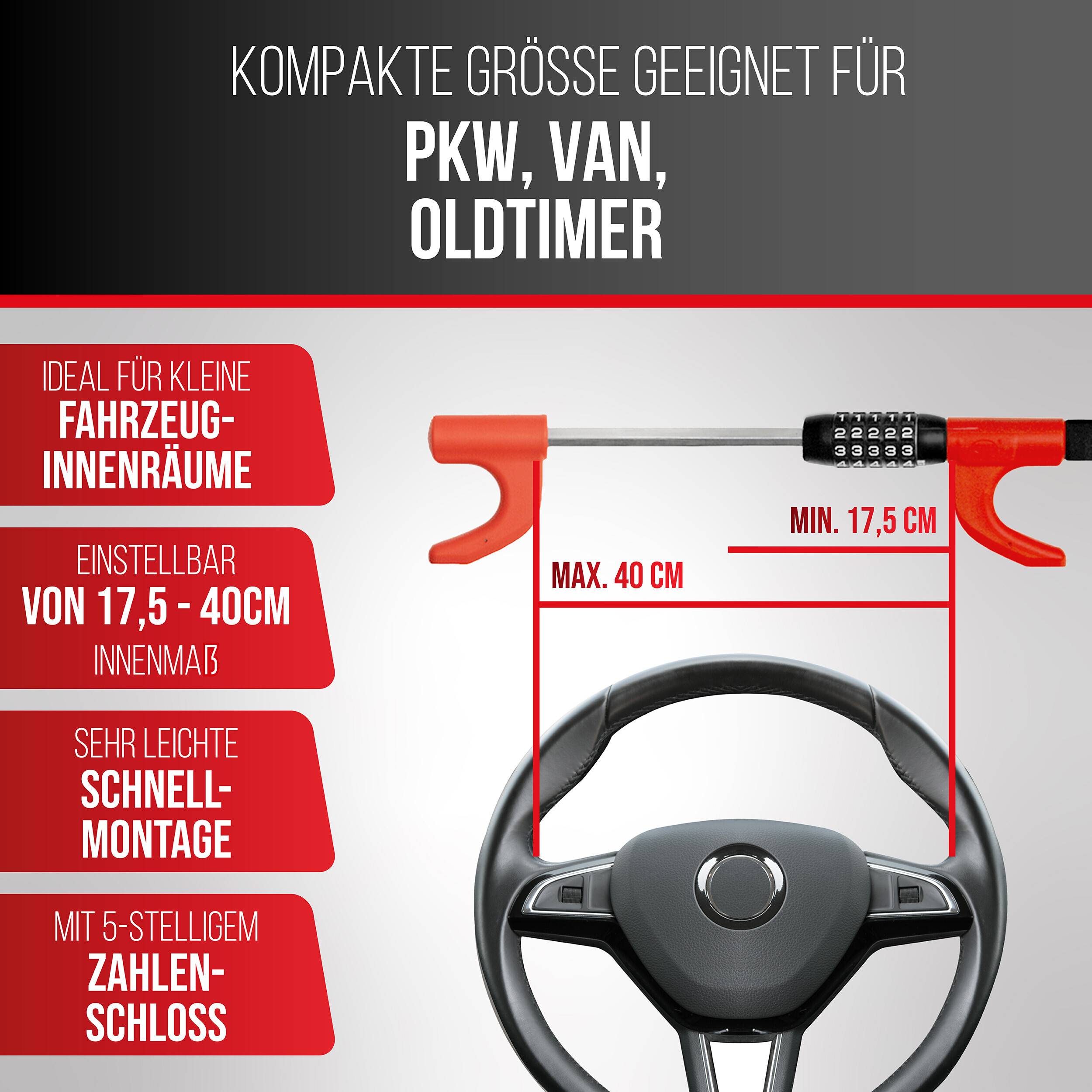 HEYNER® Lenkradsperre mit Zahlenschloss Kompakt Lenkradkralle Wegfahrsperre Parkkralle Diebstahlschutz Schloss PKW Auto