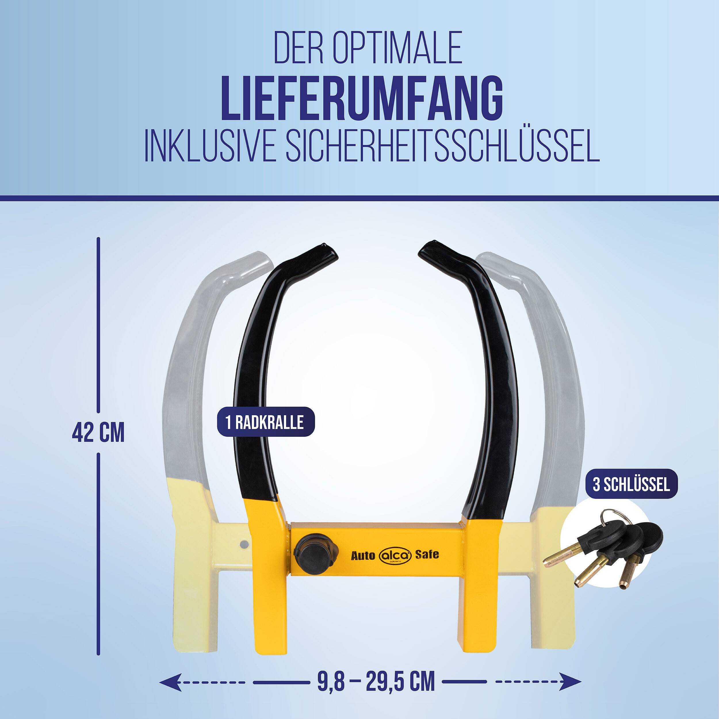 Infografik zeigt das optimale Lieferset für einen Fahrradträger und Sicherheitsschlüssel: 1 Fahrradträger und 3 Schlüssel, mit Abmessungen von 42 cm Höhe und 9,8–29,5 cm Breite.