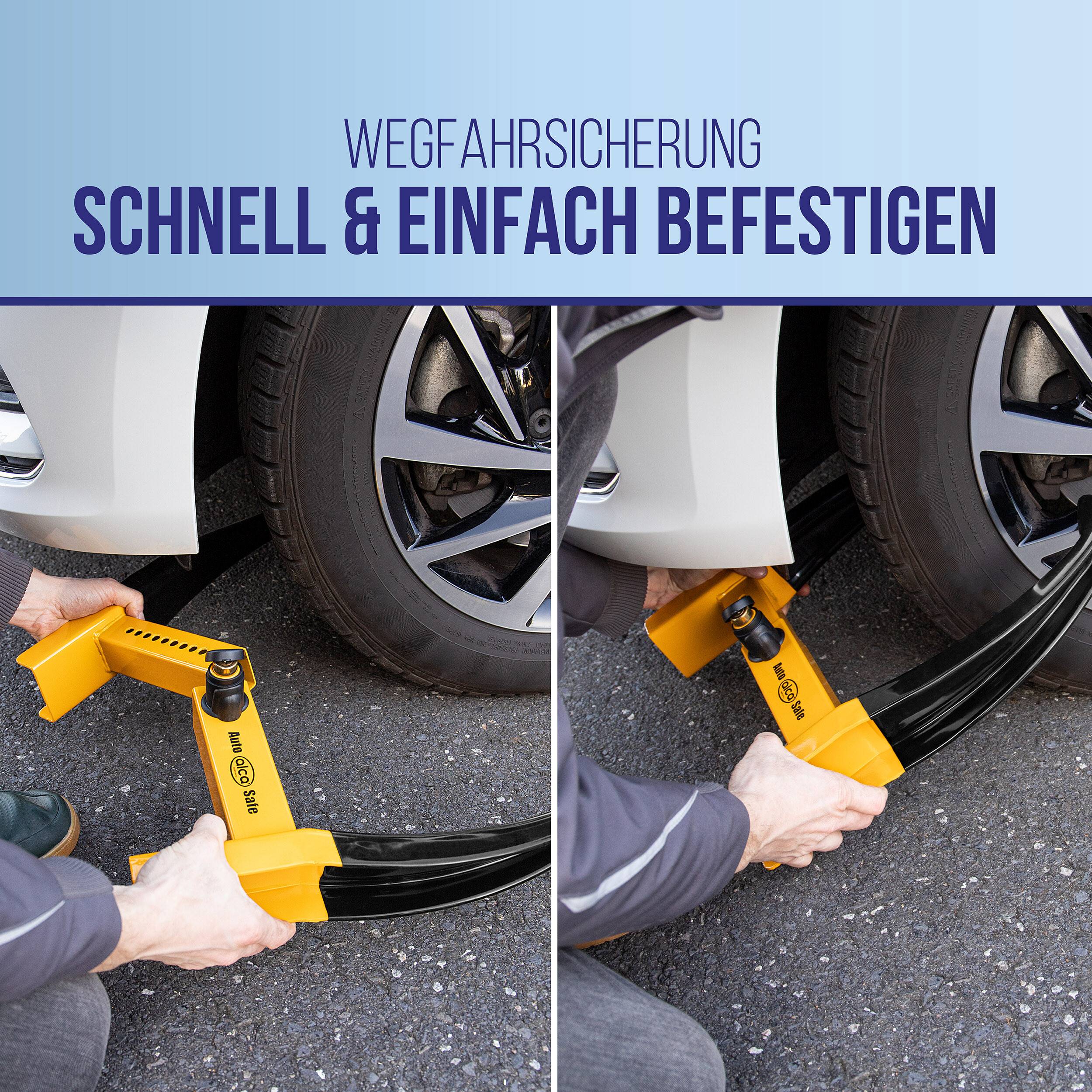 Autoreifen, der mit einer gelben Radkralle unter dem Reifen gesichert wird; geteiltes Bild zeigt schnelle und einfache Installation.