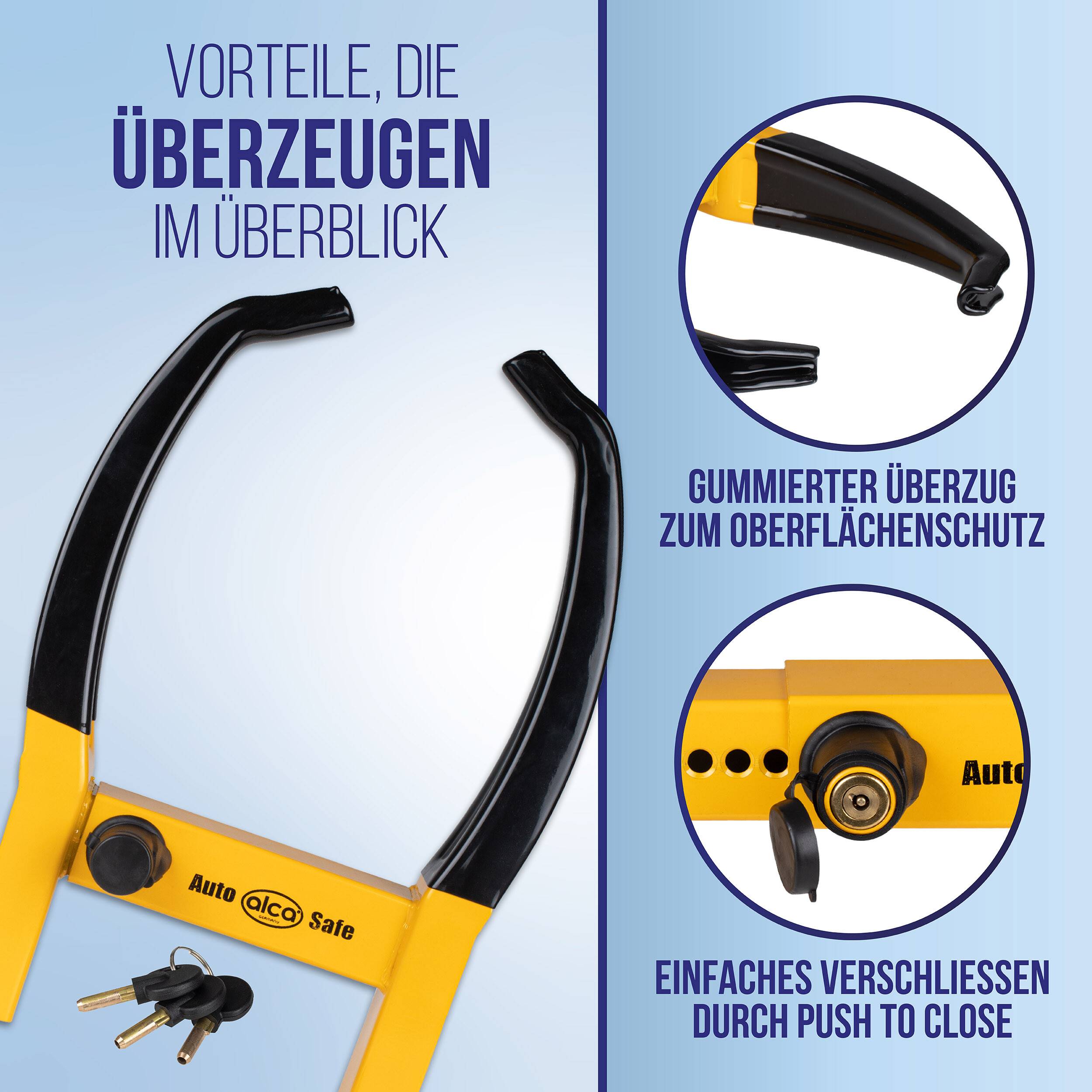 Werbegrafik einer gelb-schwarzen Radklemme mit Schlüsseln, die Vorteile zeigt: Gummiüberzug zum Schutz der Oberfläche und einfaches Sperren mit Druckverriegelung.