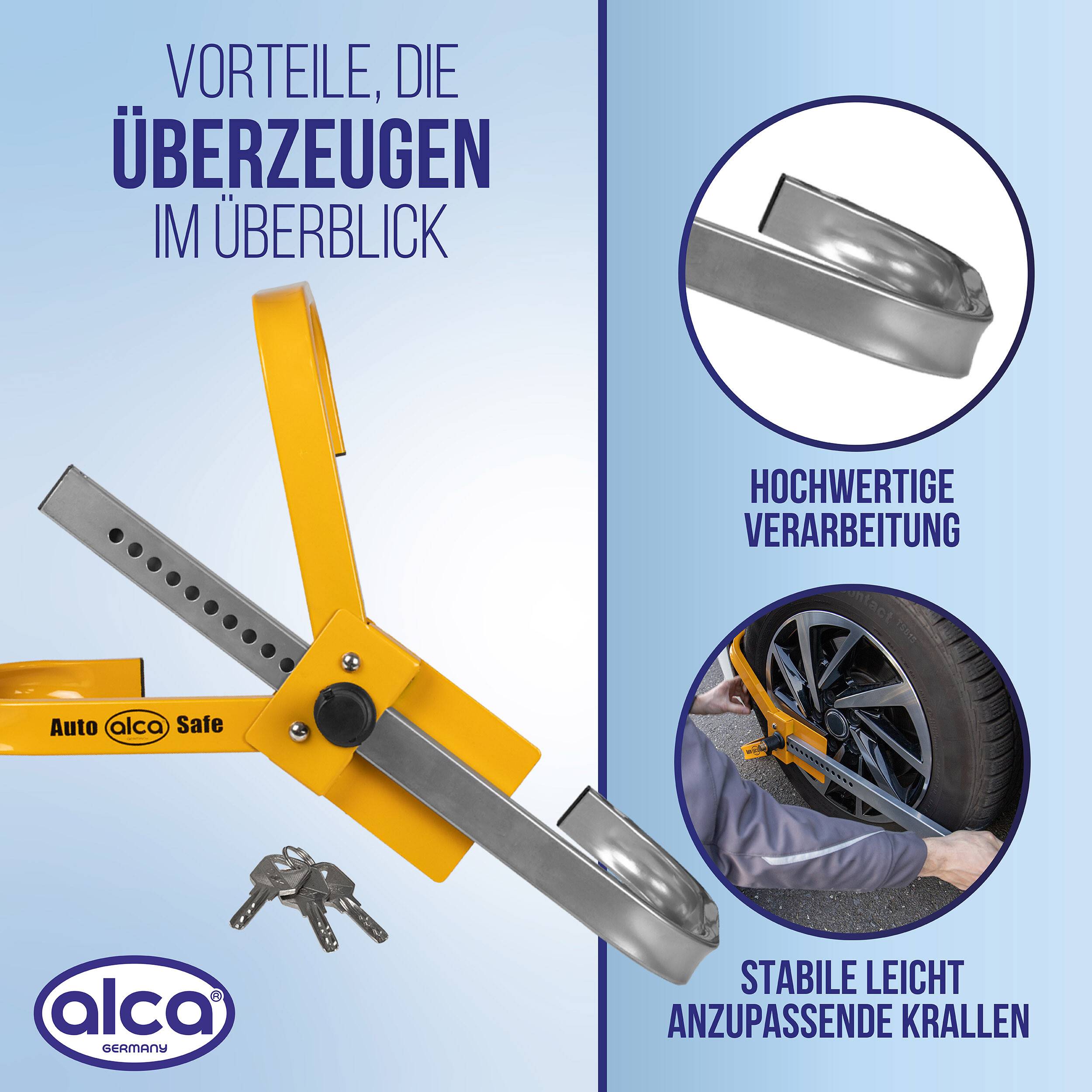 Infografik einer ALCO-Radklemme mit Schlüsseln und Beschriftungen, die hochwertige Konstruktion und stabile, verstellbare Krallen hervorheben.