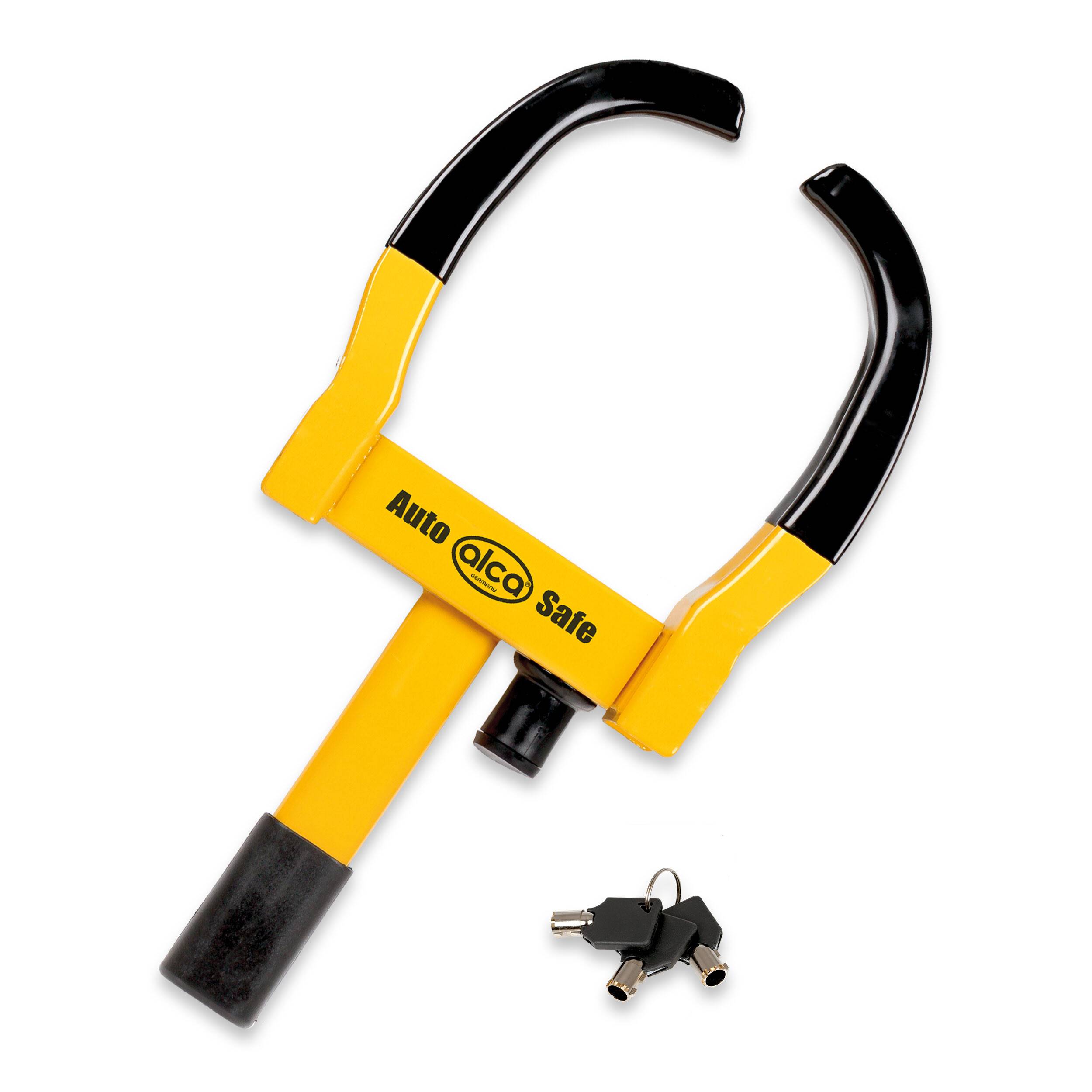 Gelb-schwarze Radklemme mit dem Logo „Auto Safe