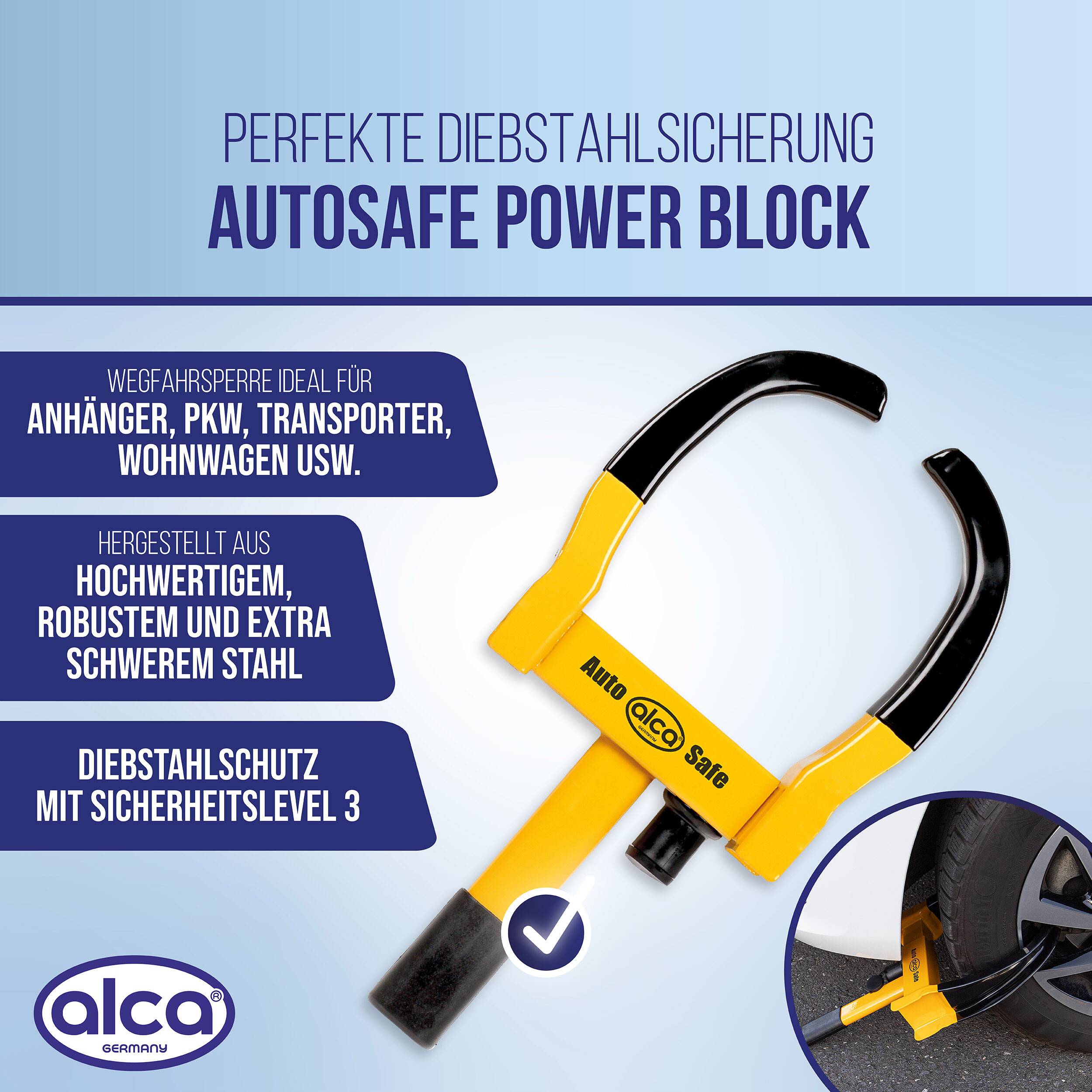 alca® Radkralle Parkkralle Diebstahlsicherung ausziehbar max. Reifenbreite 265mm Wegfahrsperre Auto Hänger Camping