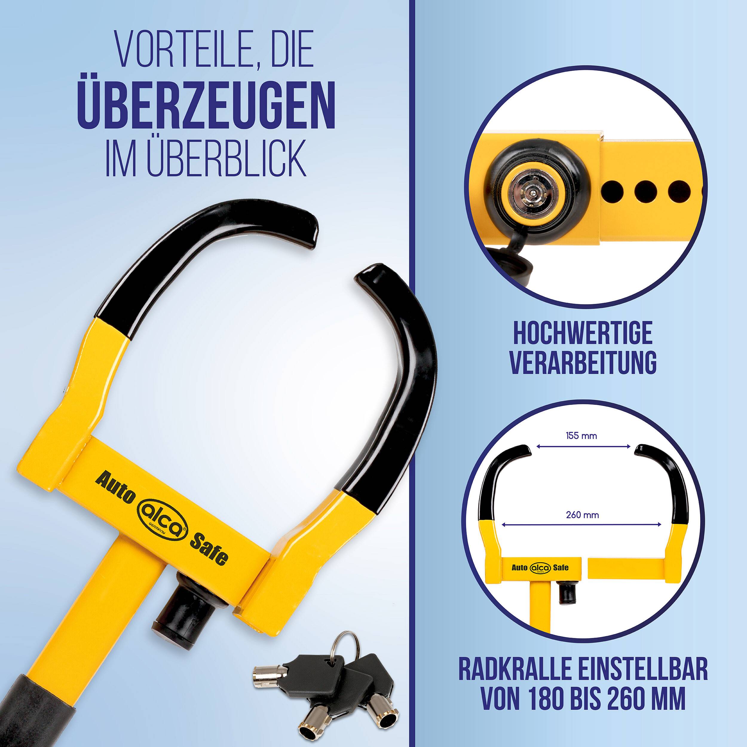 Produkt-Infografik für eine 'Auto olco Safe' Radsperre mit Hauptvorteilen: hochwertige Verarbeitung und einstellbarer Raddurchmesser von 180 bis 260 mm.