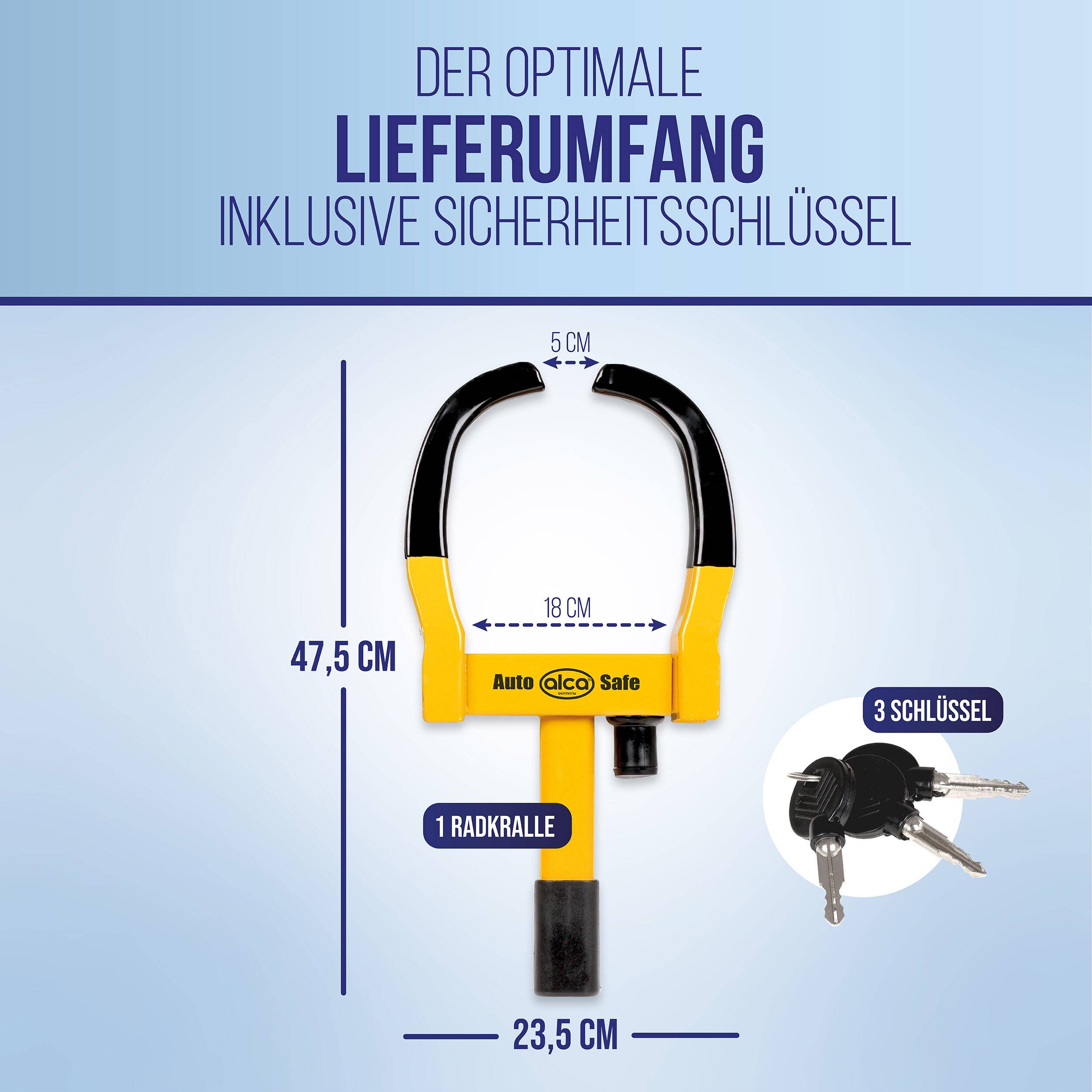 Abbildung eines Fahrradschloss-Paketinhalts: U-förmiges Schloss mit Sicherheitsschlüssel, mit gekennzeichneten Abmessungen 47,5 cm Höhe, 23,5 cm Breite, 18 cm innere Breite, 5 cm Öffnung, plus 3 Schlüssel und eine Radhalterung.