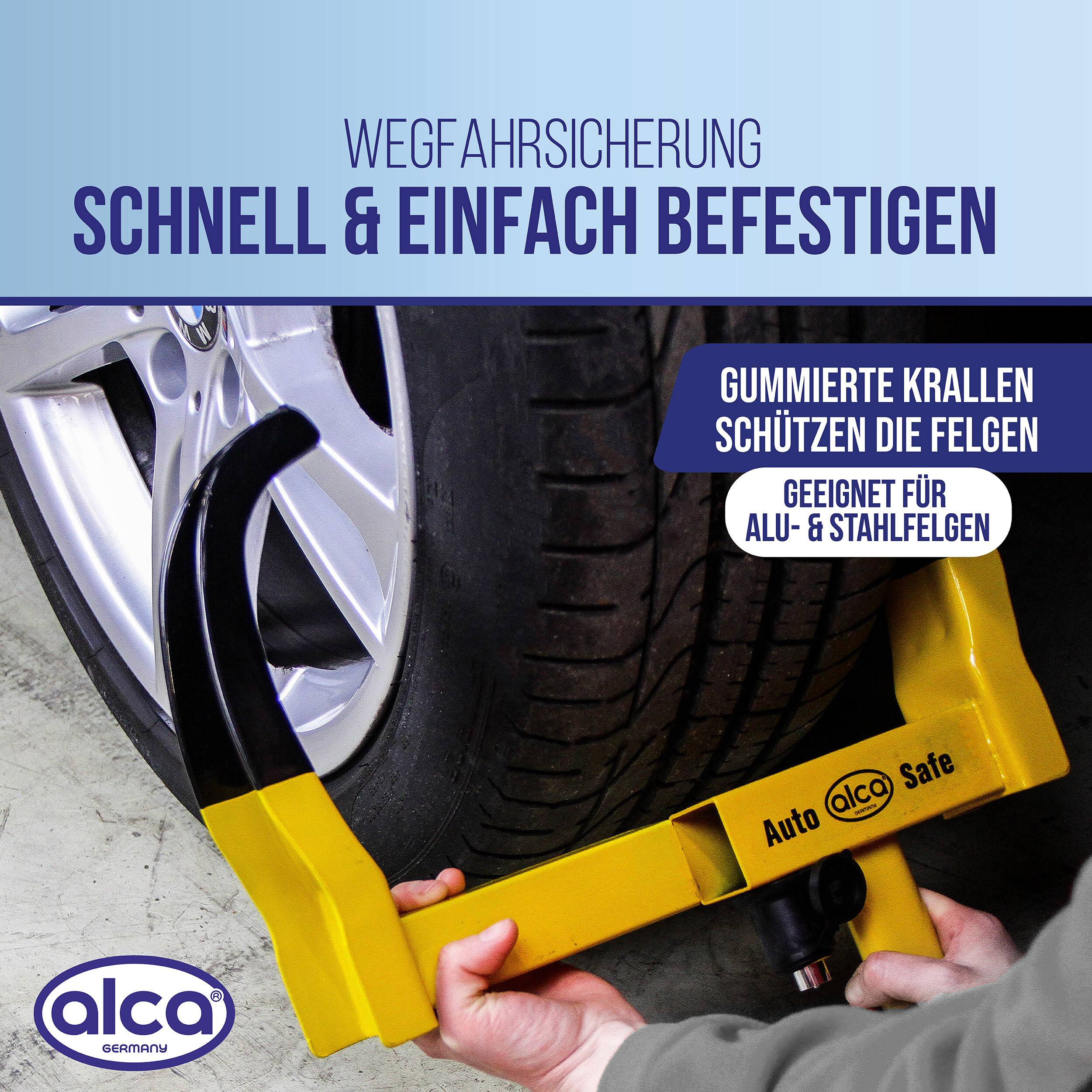 Radkralle zur Sicherung eines Autoreifens; deutscher Text besagt „einfach und schnell anzubringen