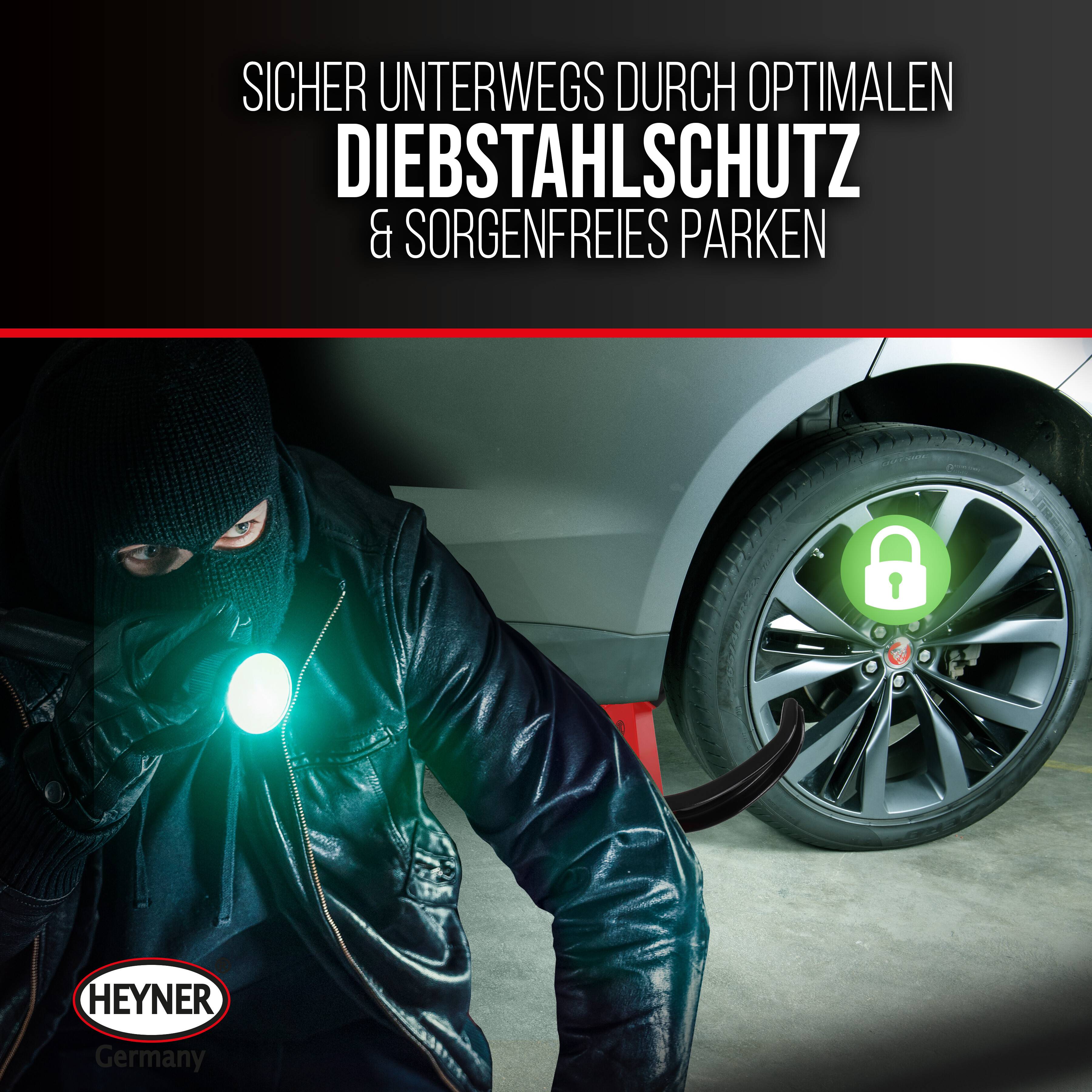 HEYNER® Radkralle mit Radkasten und Felgenschutz, Wegfahrsperre inkl. Tasche für PKW, Wohnwagen, Anhänger, Transporter