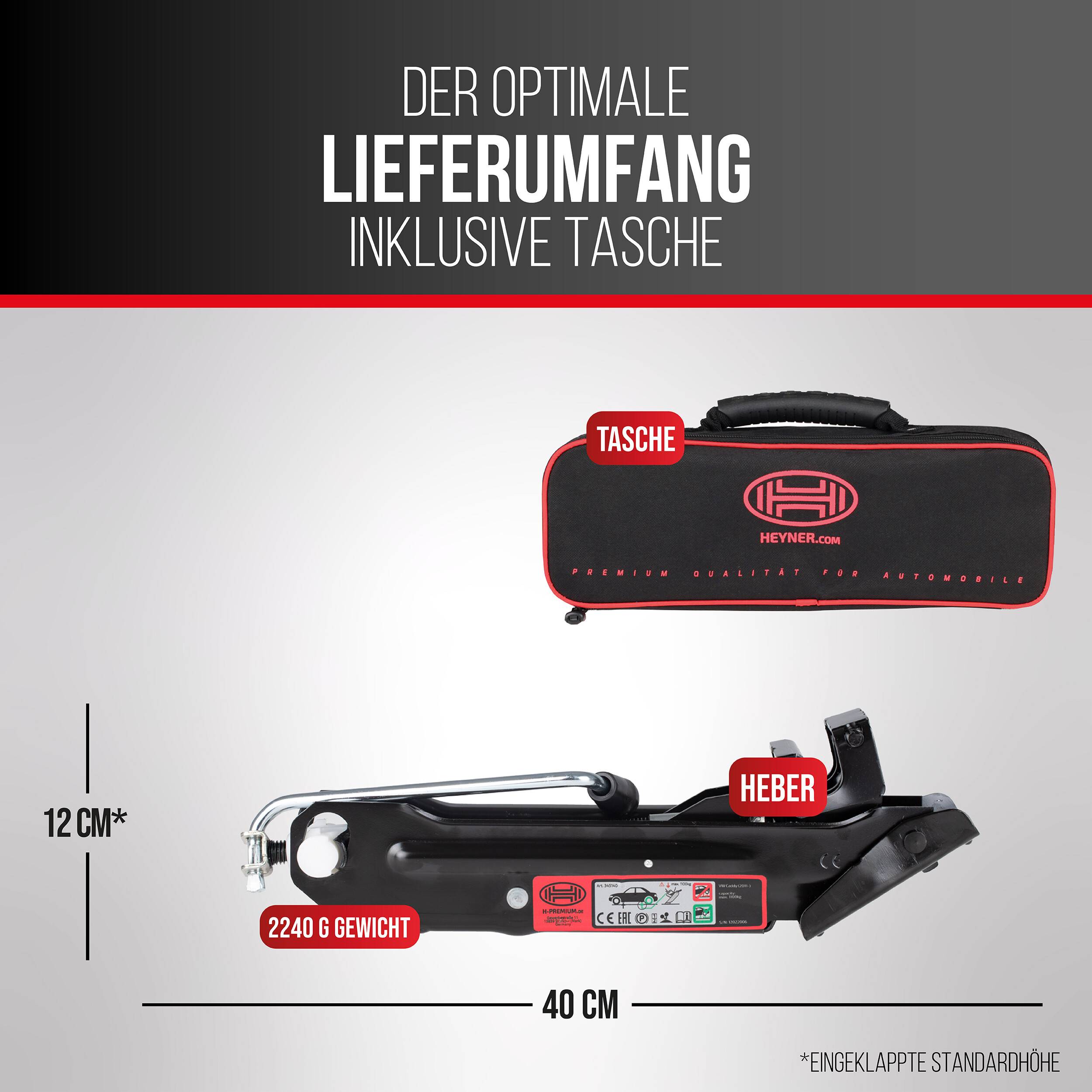 HEYNER® OEM Wagenheber Erstausrüsterqualität Scherenwagenheber VW Caddy - bis 1100 kg inkl. Tasche
