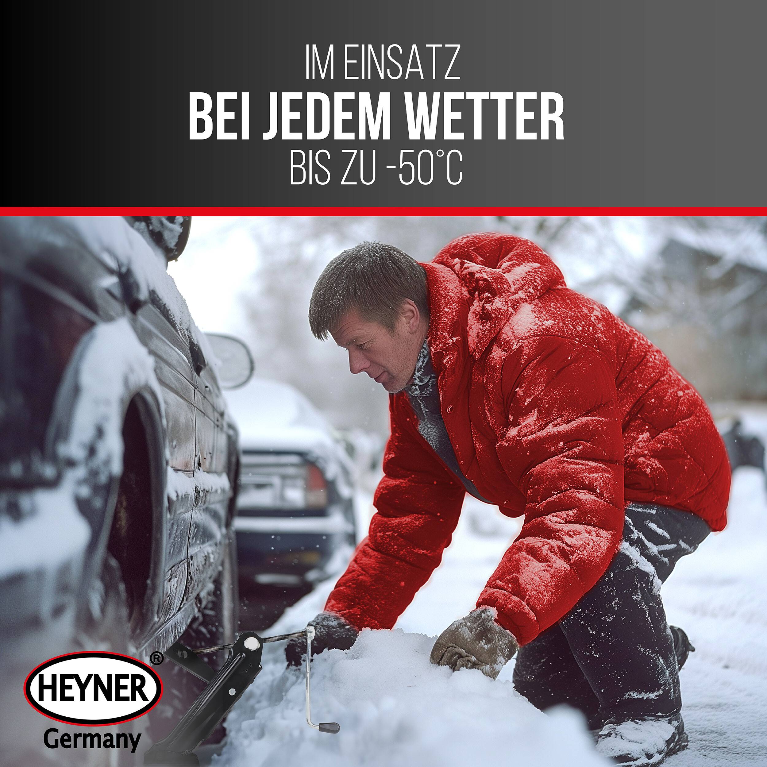Mann in roter Jacke benutzt einen Wagenheber, um ein schneebedecktes Auto unter schweren Winterbedingungen anzuheben; der Anzeigentext besagt „IM EINSATZ BEI JEDEM WETTER BIS ZU -50°C