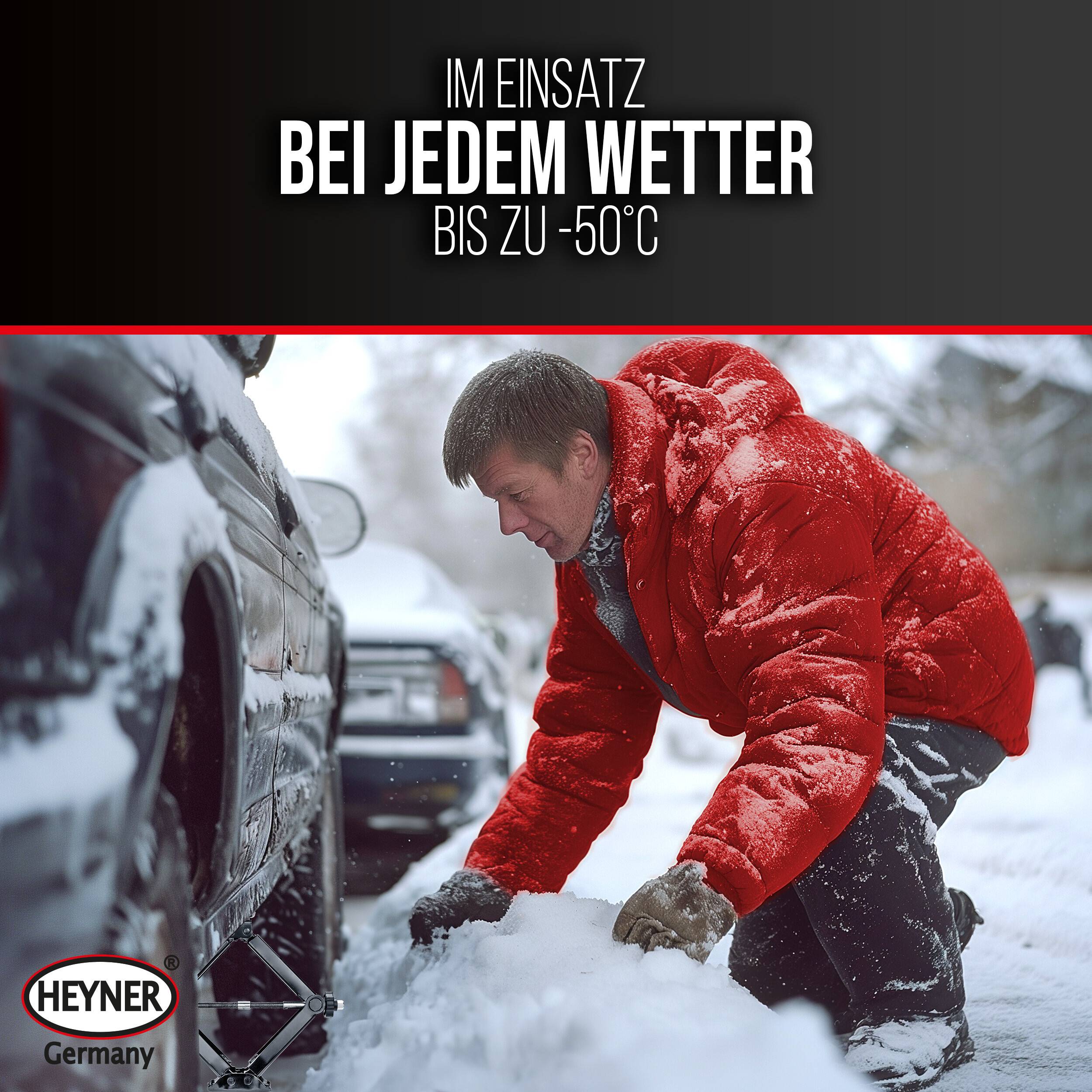 Ein Mann in einer roten Winterjacke kniet im tiefen Schnee neben einem Auto und räumt Schnee. Der Text sagt „IM EINSATZ BEI JEDEM WETTER BIS ZU -50°C