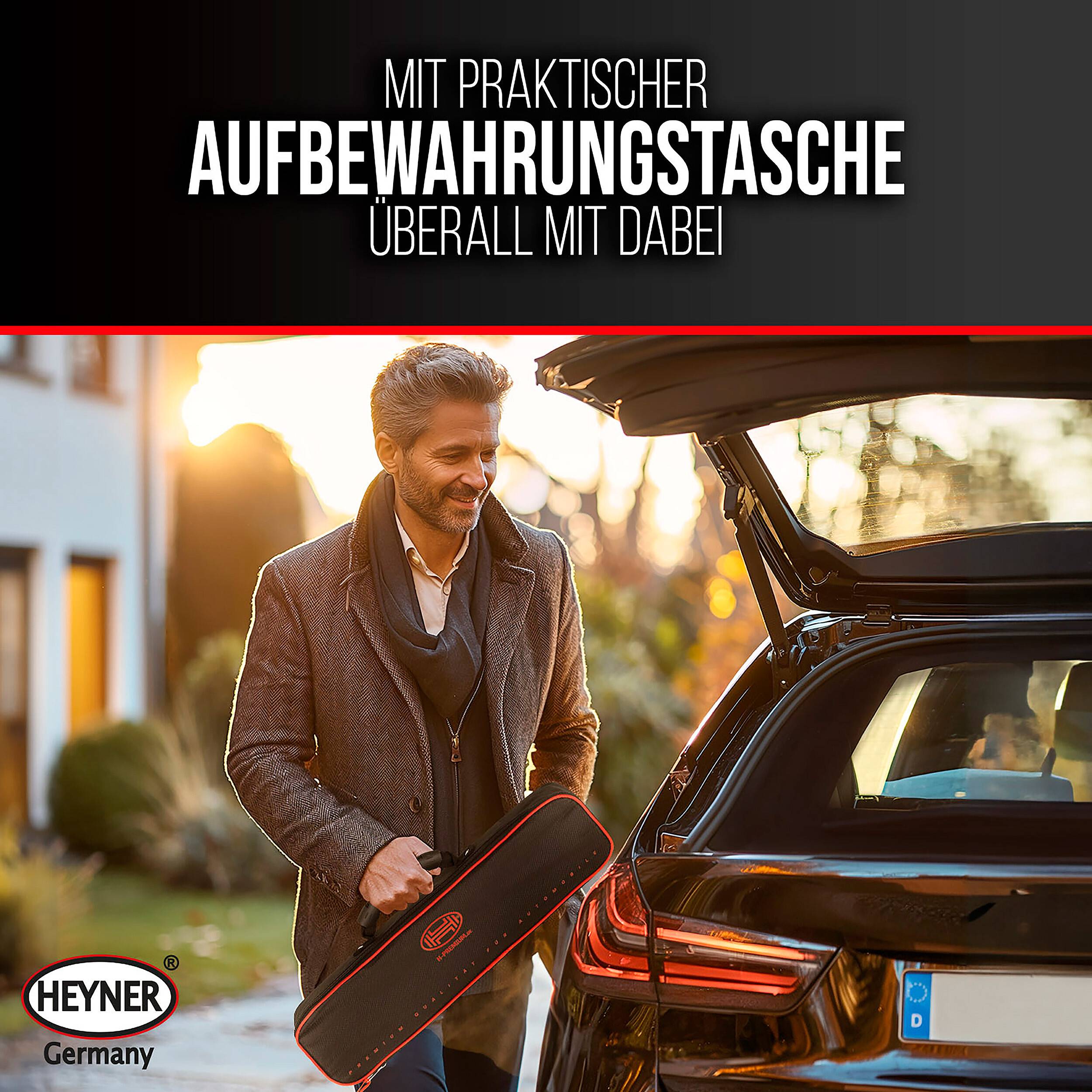 Mann lädt eine Auto-Organizer-Tasche in einen Kombi, mit deutschem Text „MIT PRAKTISCHER AUFBEWAHRUNGSTASCHE ÜBERALL MIT DABEI