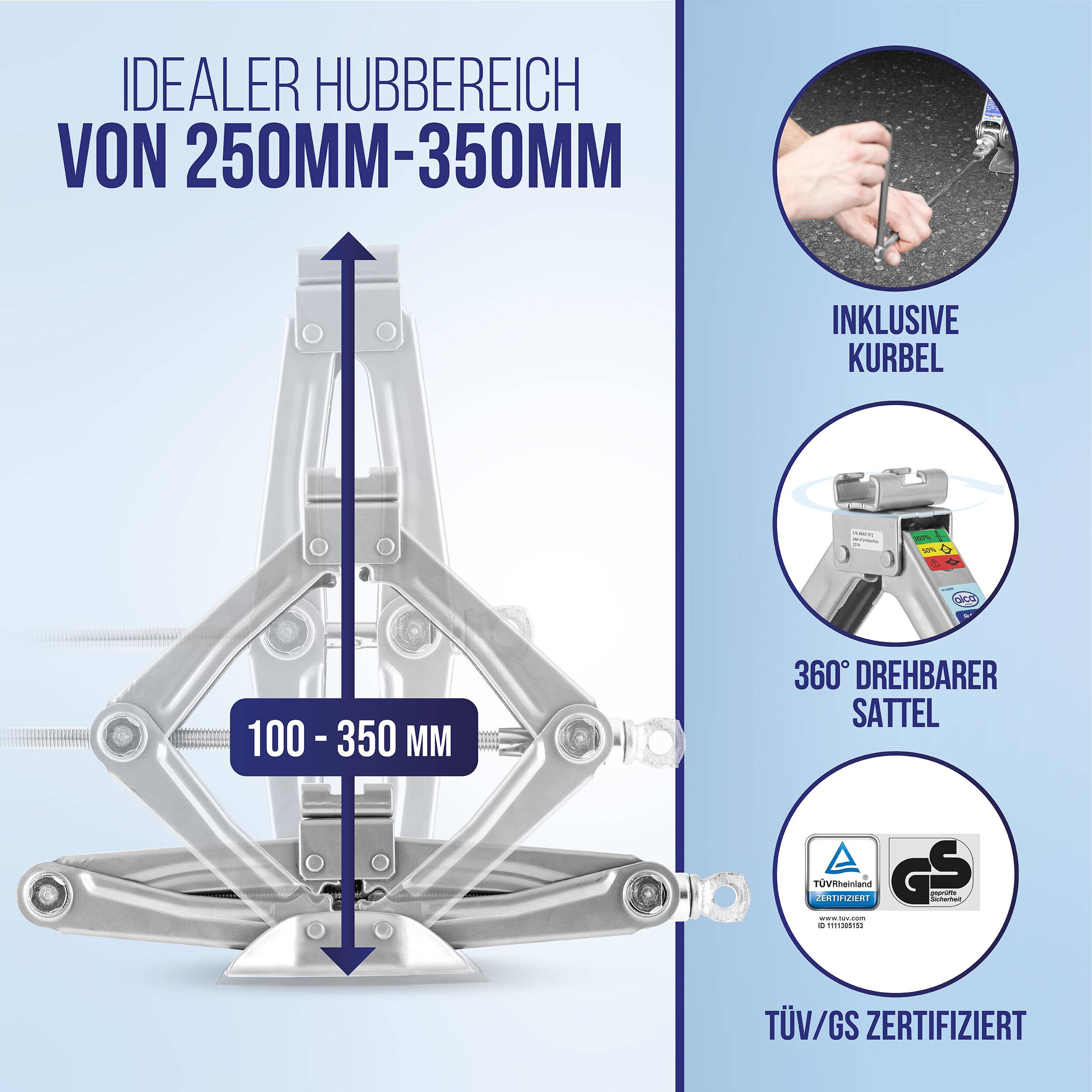 Abbildung eines Scherenhubers verstellbar von 100-350 mm, ideal für 250-350 mm Radstand, mit Kurbel, 360° drehbarem Sattel, TÜV/GS zertifiziert.