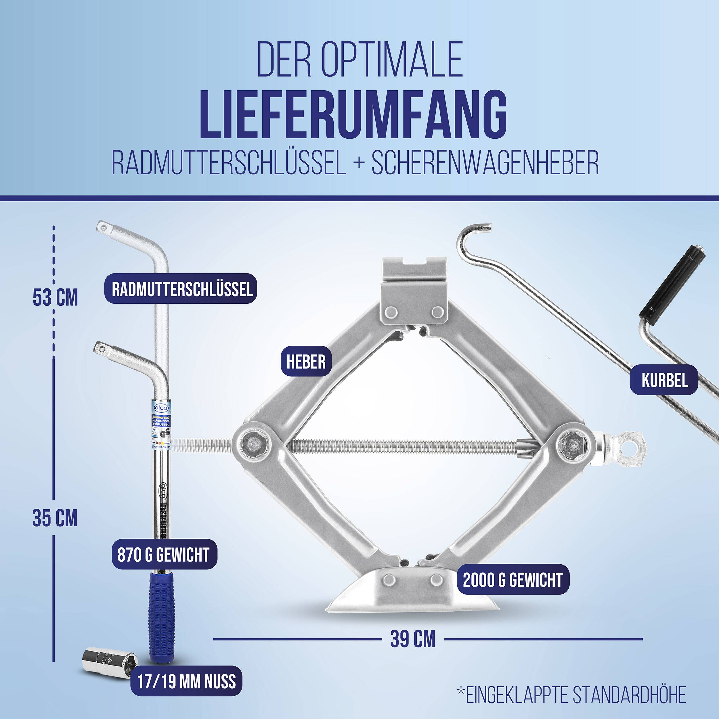 Infografik eines Wagenheber-Sets mit enthaltenen Teilen und Größen: Radschlüssel, Scherenhuber, Kurbel, 17/19 mm Stecknuss, 870 g Gewicht, 2000 g Gewicht und Abmessungen 53 cm, 35 cm und 39 cm.