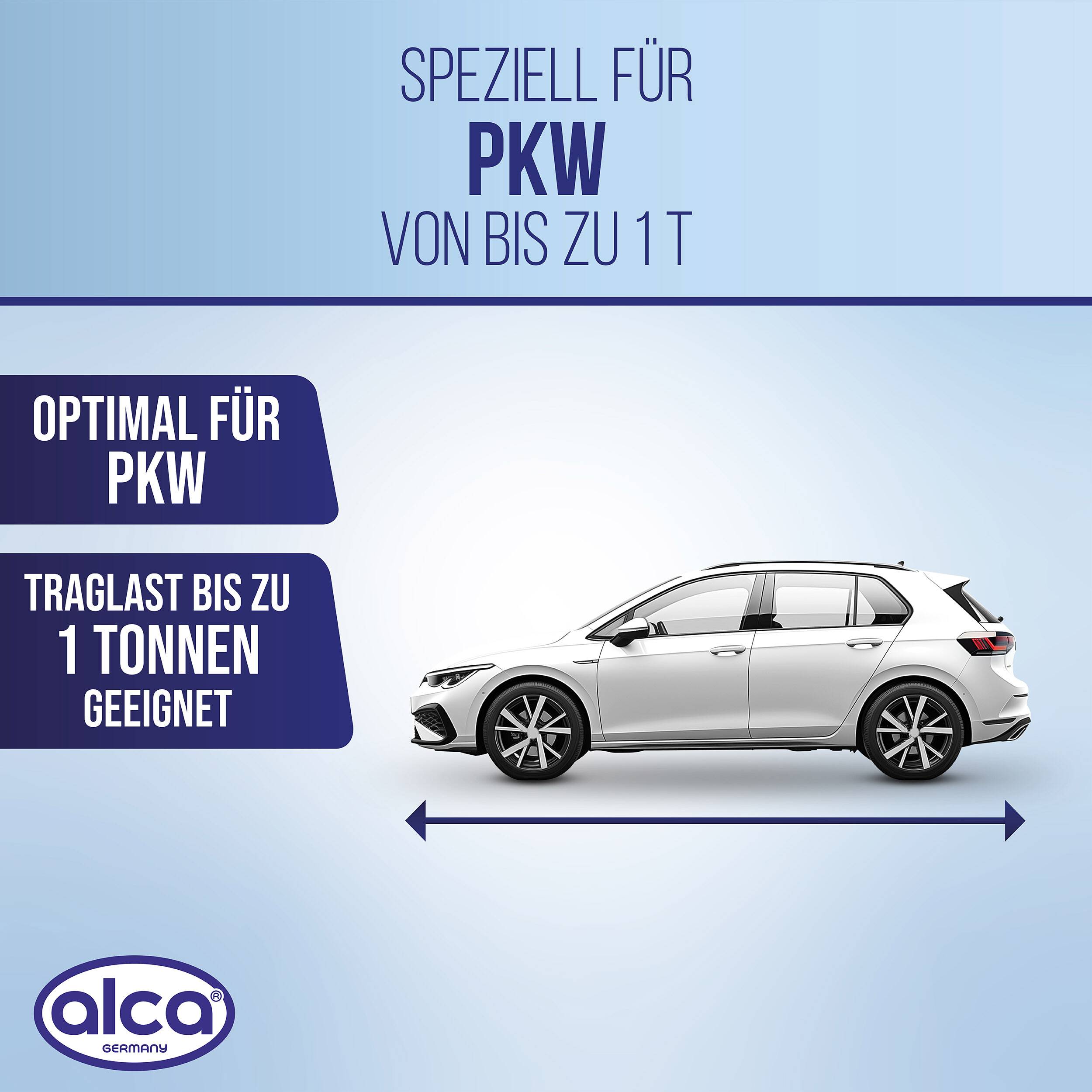 Autorampen Angebot für Pkw bis 1 Tonne; zeigt einen Fließheck auf einer Rampe und den Text 'speziell für PKW von bis zu 1 t' und 'traglast bis zu 1 tonnen geeignet'.