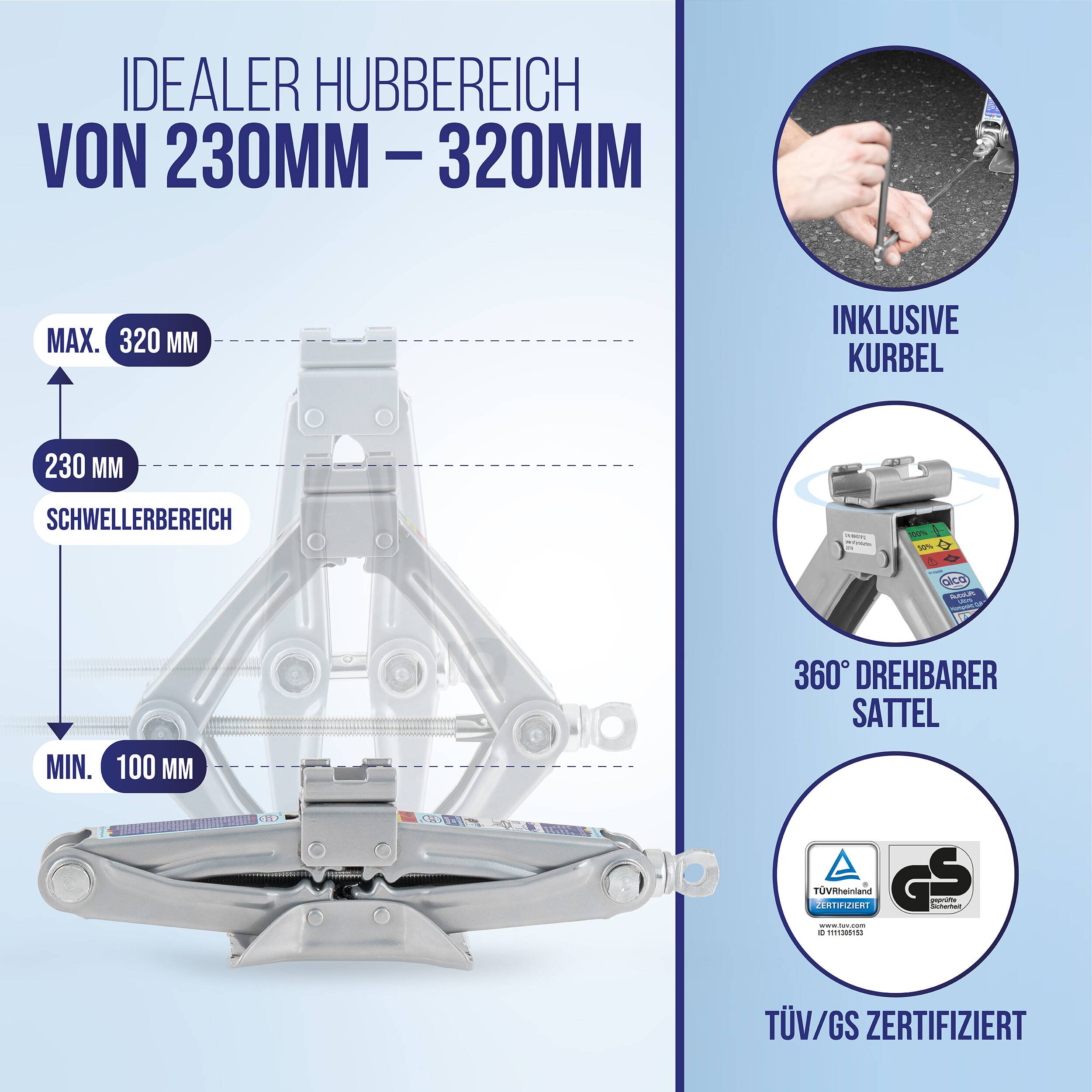 Infografik eines Wagenheber mit idealer Bodenfreiheit 230-320 mm und Mindesthöhe 100 mm, mit beiliegender Kurbel, 360° drehbarem Sattel und TÜV/GS-Zertifizierung.