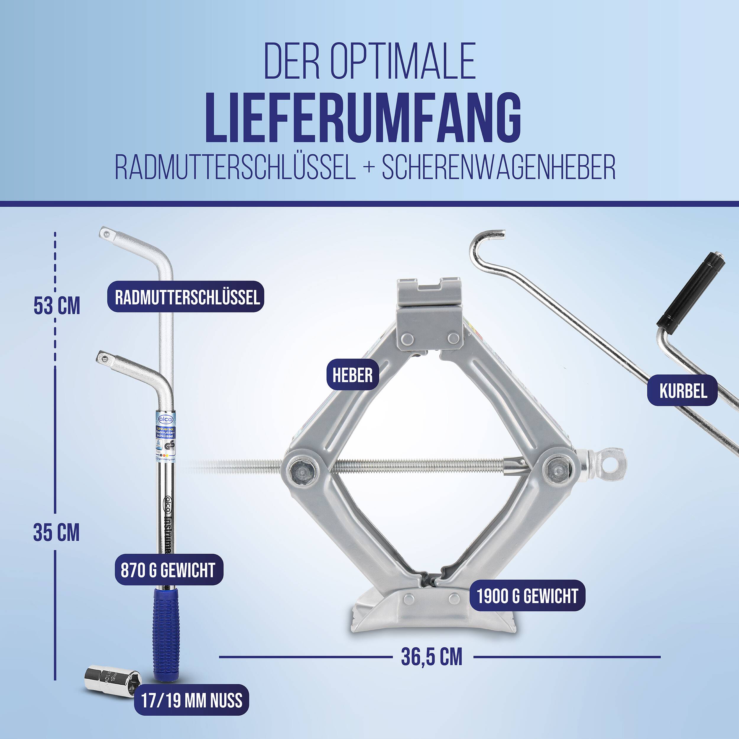 # Diagramm mit dem optimalen Werkzeugsatz: Radmutterschlüssel, Wagenheber, Kurbel und 17/19-mm-Stecknuss mit in Deutsch beschrifteten Größen und Gewichten.