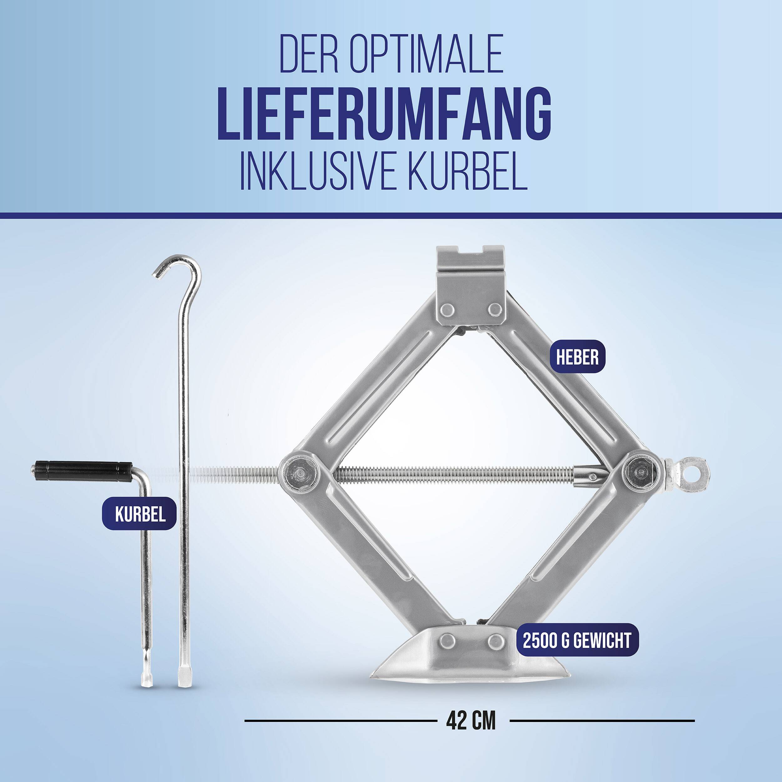 Produktdiagramm mit einem 42 cm Scherenhuber-Kit mit Kurbel, Hebel und '2500 G GEWICHT' Tragfähigkeit.