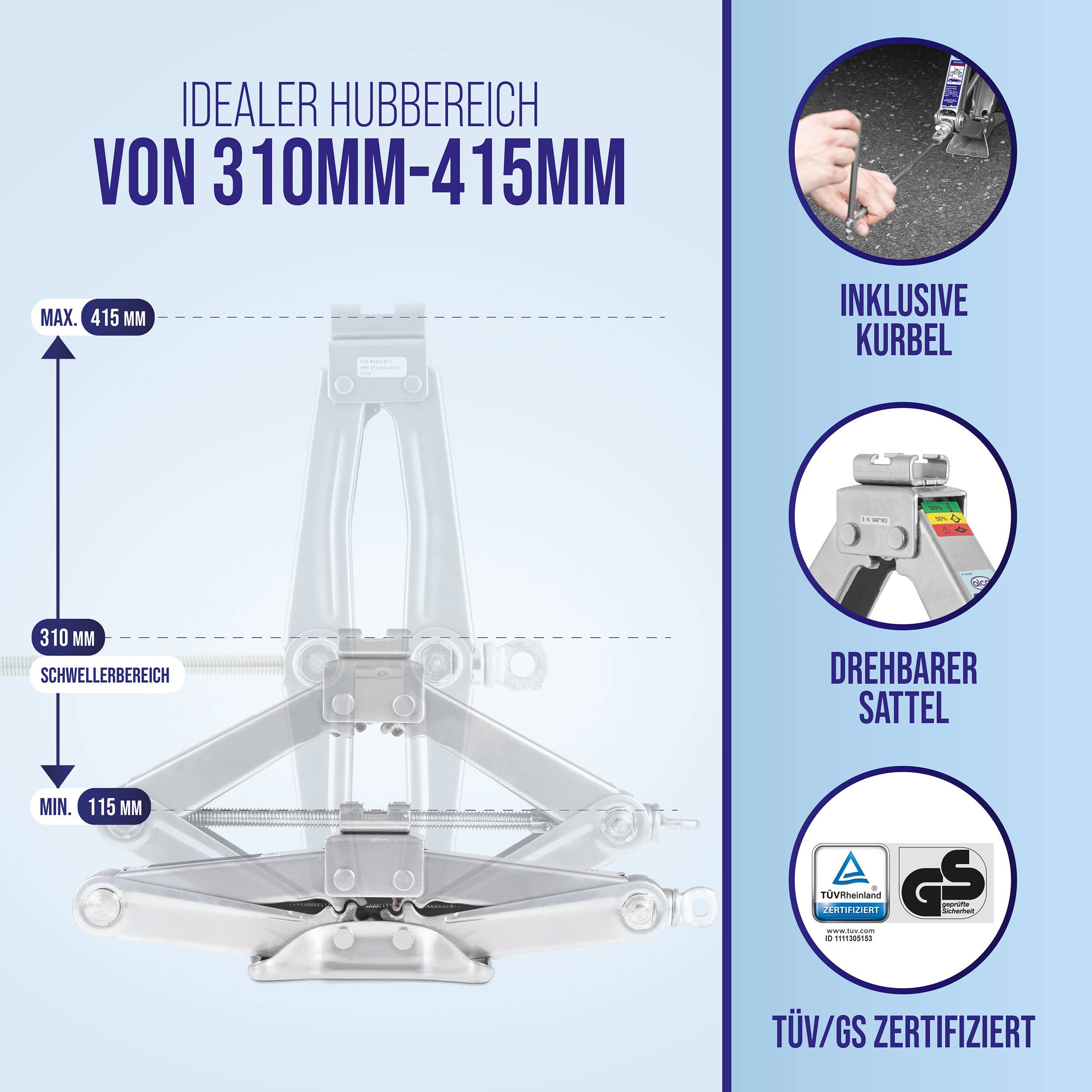 Autoheberwerkzeug-Grafik mit idealer Hubhöhe von 310 mm bis 415 mm, mit Beschriftungen für Mindesthöhe 115 mm und Maximalhöhe 415 mm, zusätzlich Merkmale: mitgelieferter Kurbel, drehbarer Sattel, TÜV/GS-zertifiziert.