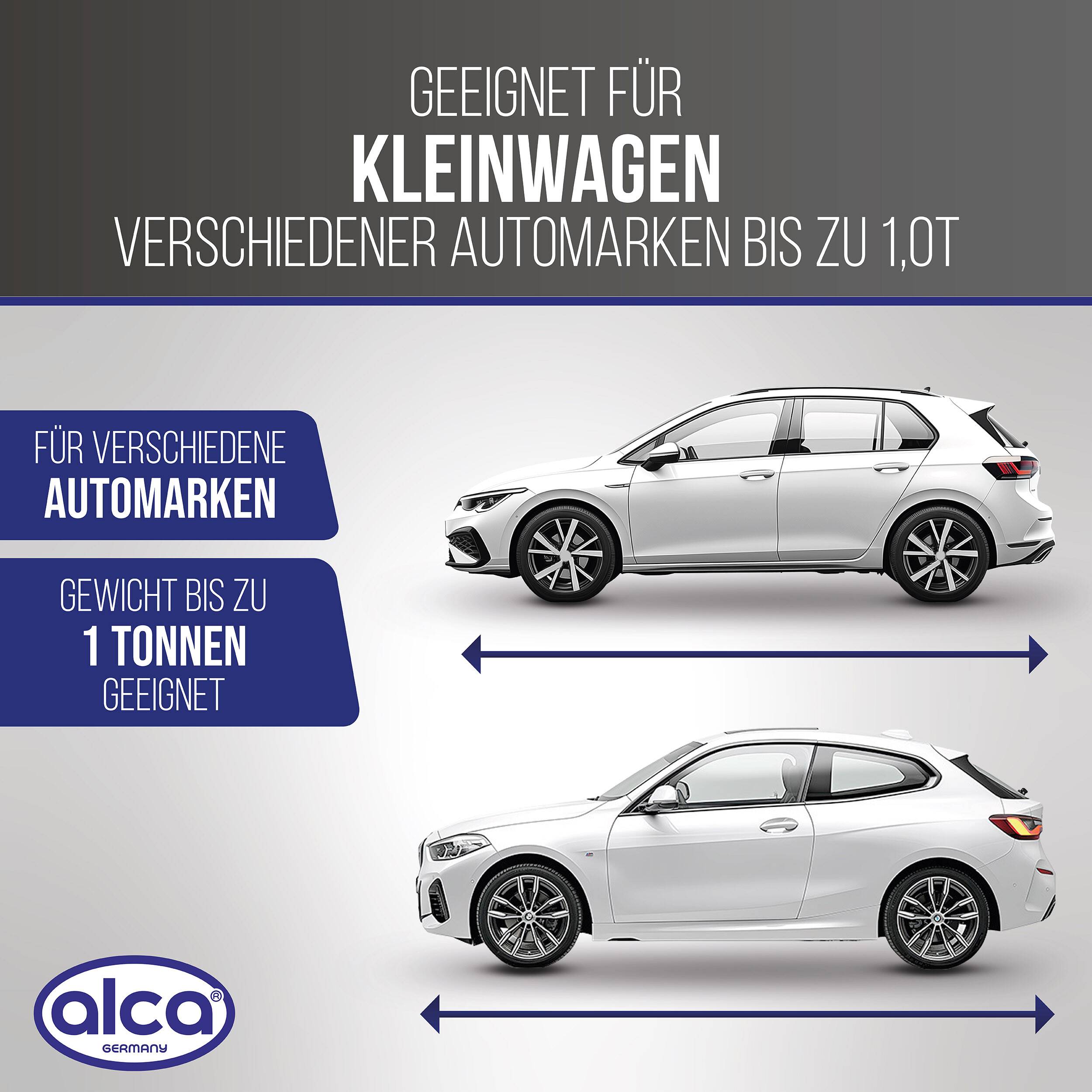Deutsches Angebot mit zwei weißen Autos und Pfeilen, das angibt, dass es für Kleinwagen verschiedener Marken bis zu 1 Tonne geeignet ist.