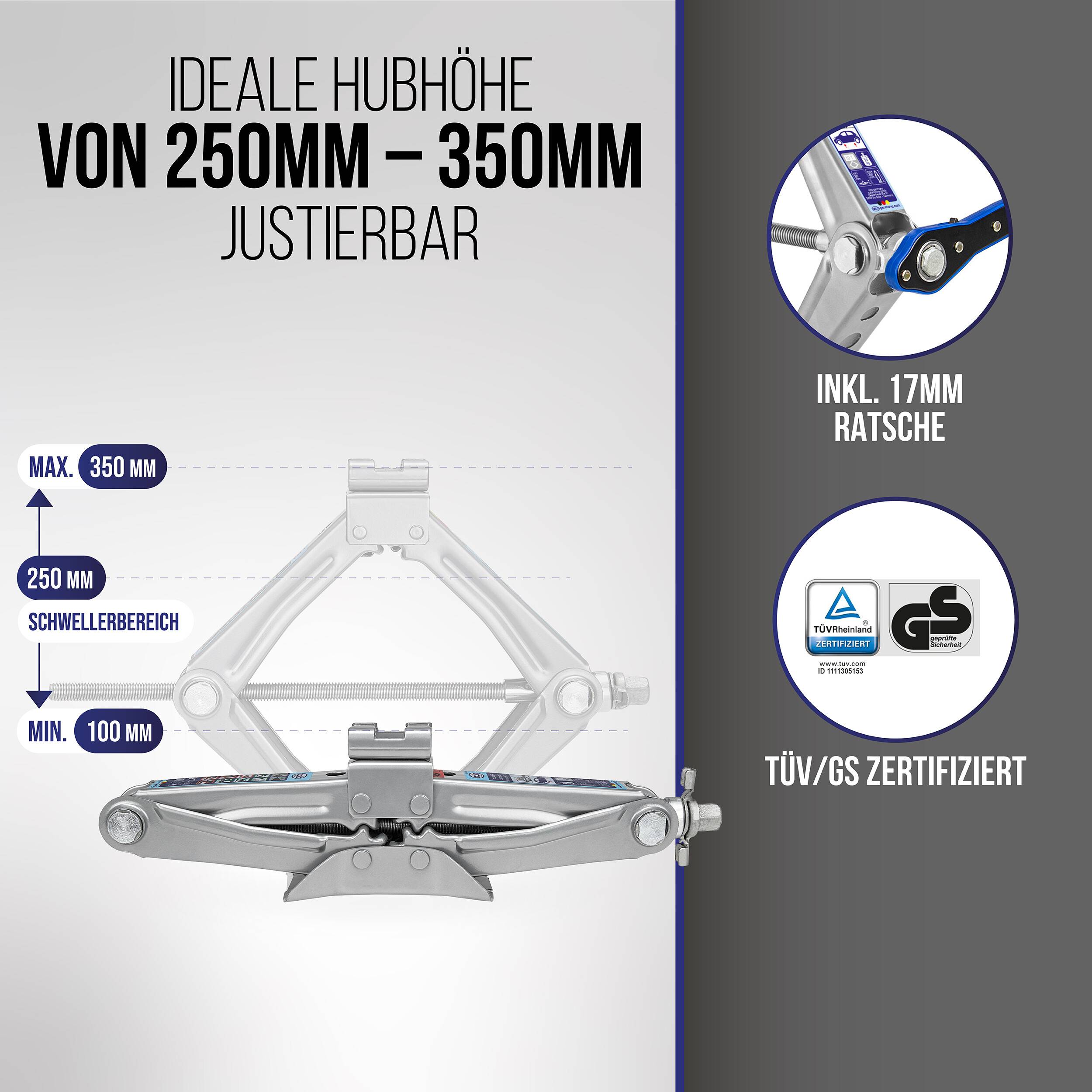 Hydraulischer Wagenheber, ideale Hubhöhe 250-350 mm; inklusive 17-mm-Ratsche und TÜV/GS-Zertifizierung.