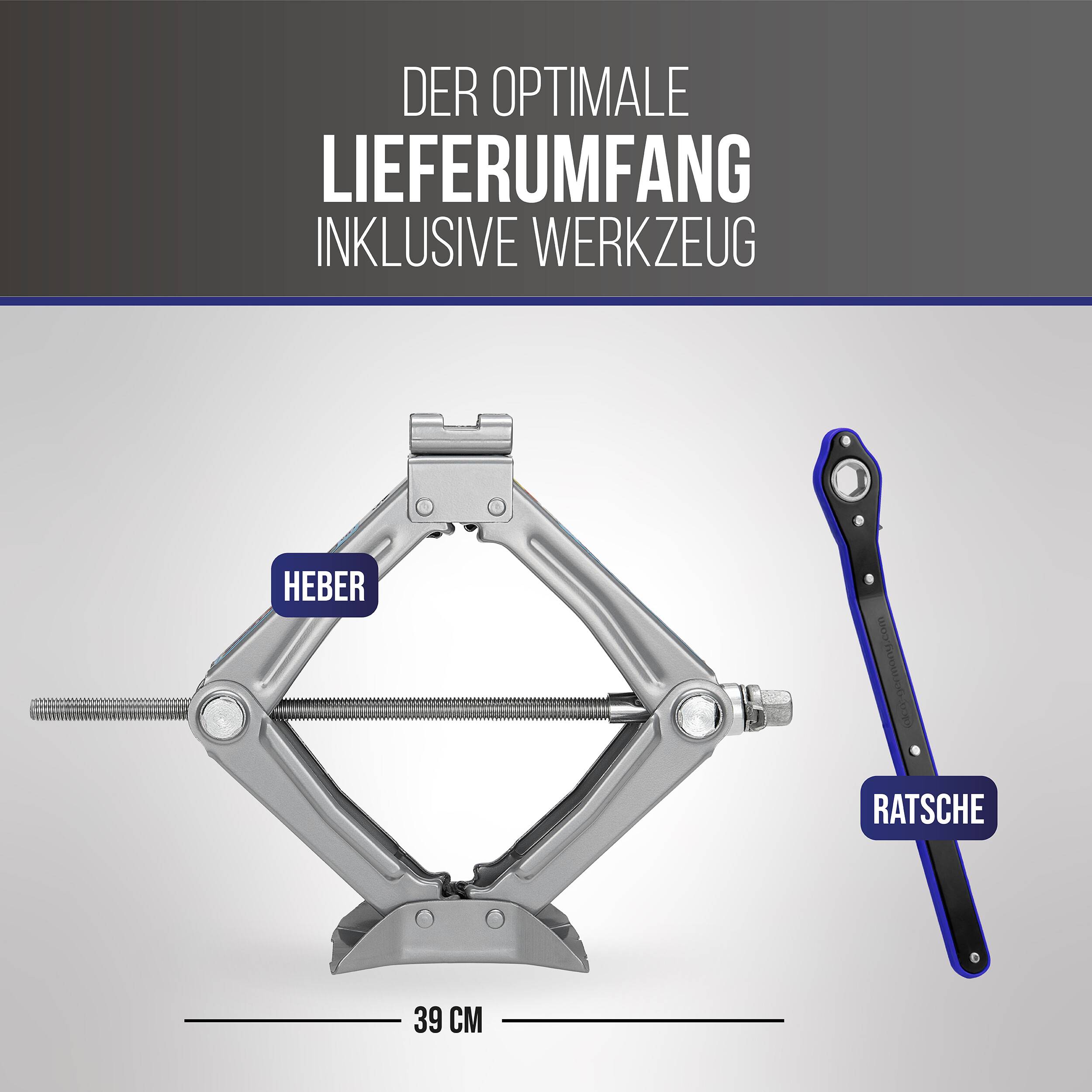 Deutsches Produktbild zeigt den optimalen Lieferumfang: ein Wagenheber ('HEBER') und eine Ratsche ('RATSCHE'), mit einer Breite von 39 cm angegeben.