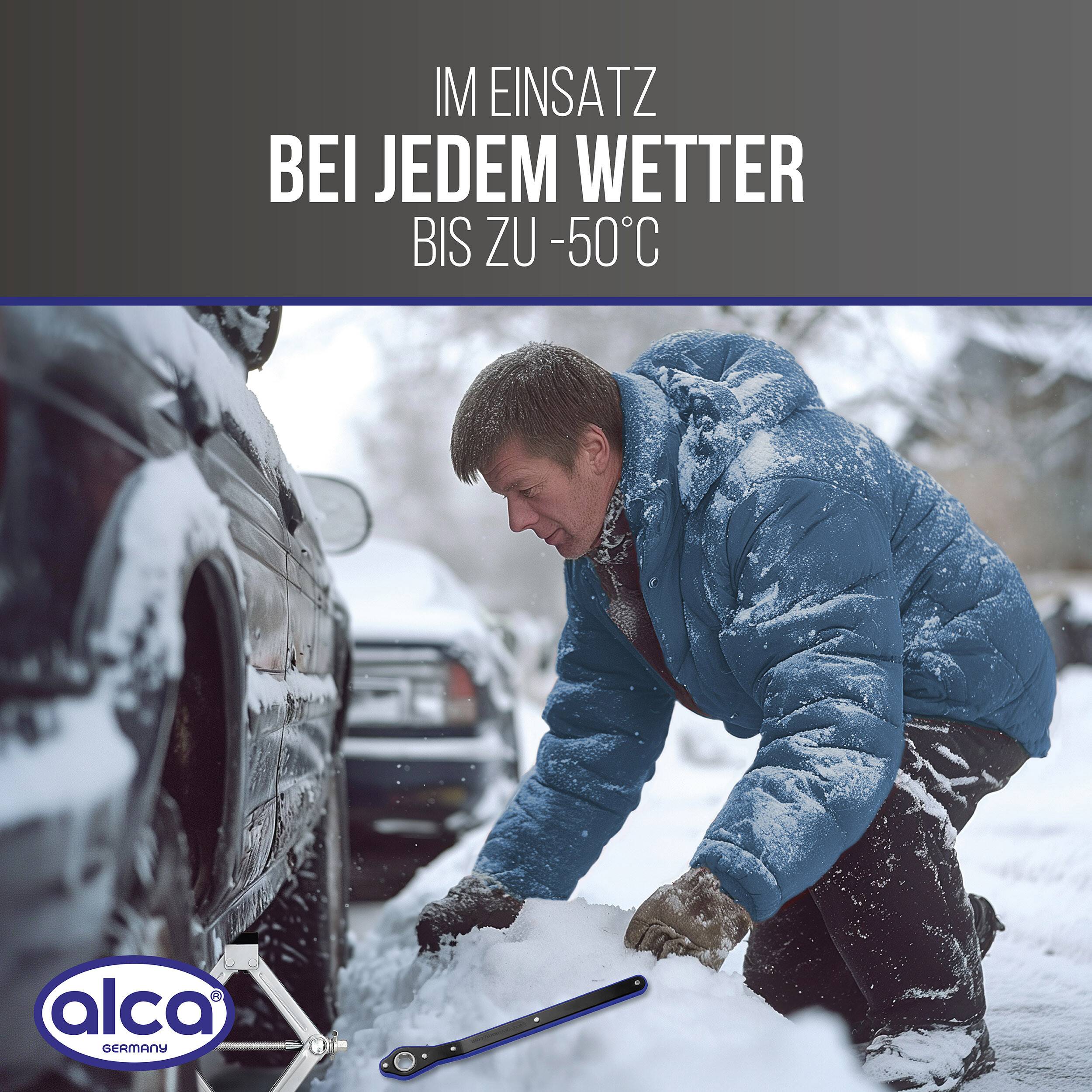 Ein Mann kniet tief im Schnee neben einem Auto und benutzt ein Alca-Werkzeug; der deutsche Anzeigentext besagt „IM EINSATZ BEI JEDEM WETTER BIS ZU -50°C