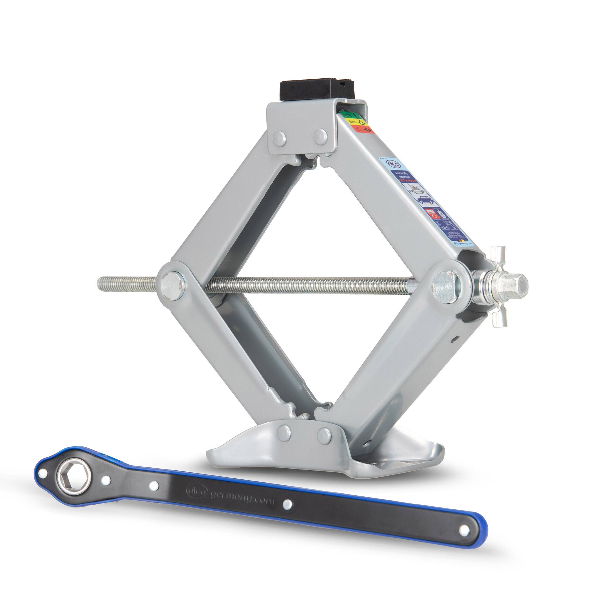 alca® Scherenwagenheber mit Ratsche - 2t Tragkraft, 360° drehbarer Sattel, 115-410mm, inkl. 17er Stecknuss, TÜV