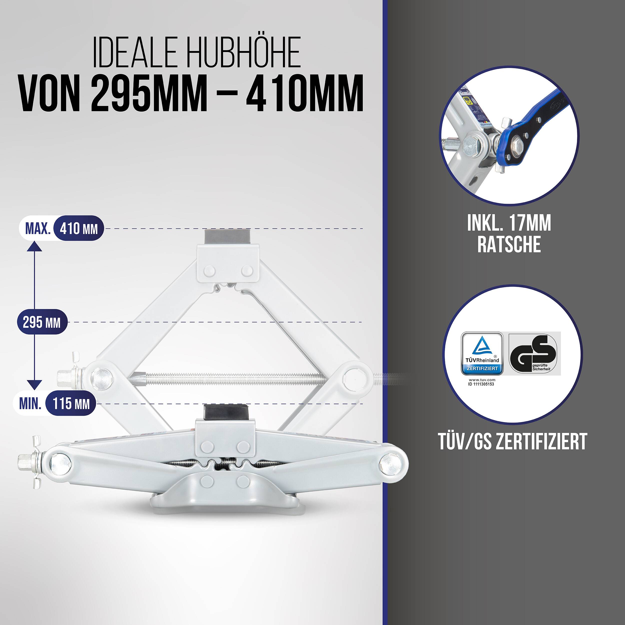 alca® Scherenwagenheber mit Ratsche - 2t Tragkraft, 360° drehbarer Sattel, 115-410mm, inkl. 17er Stecknuss, TÜV