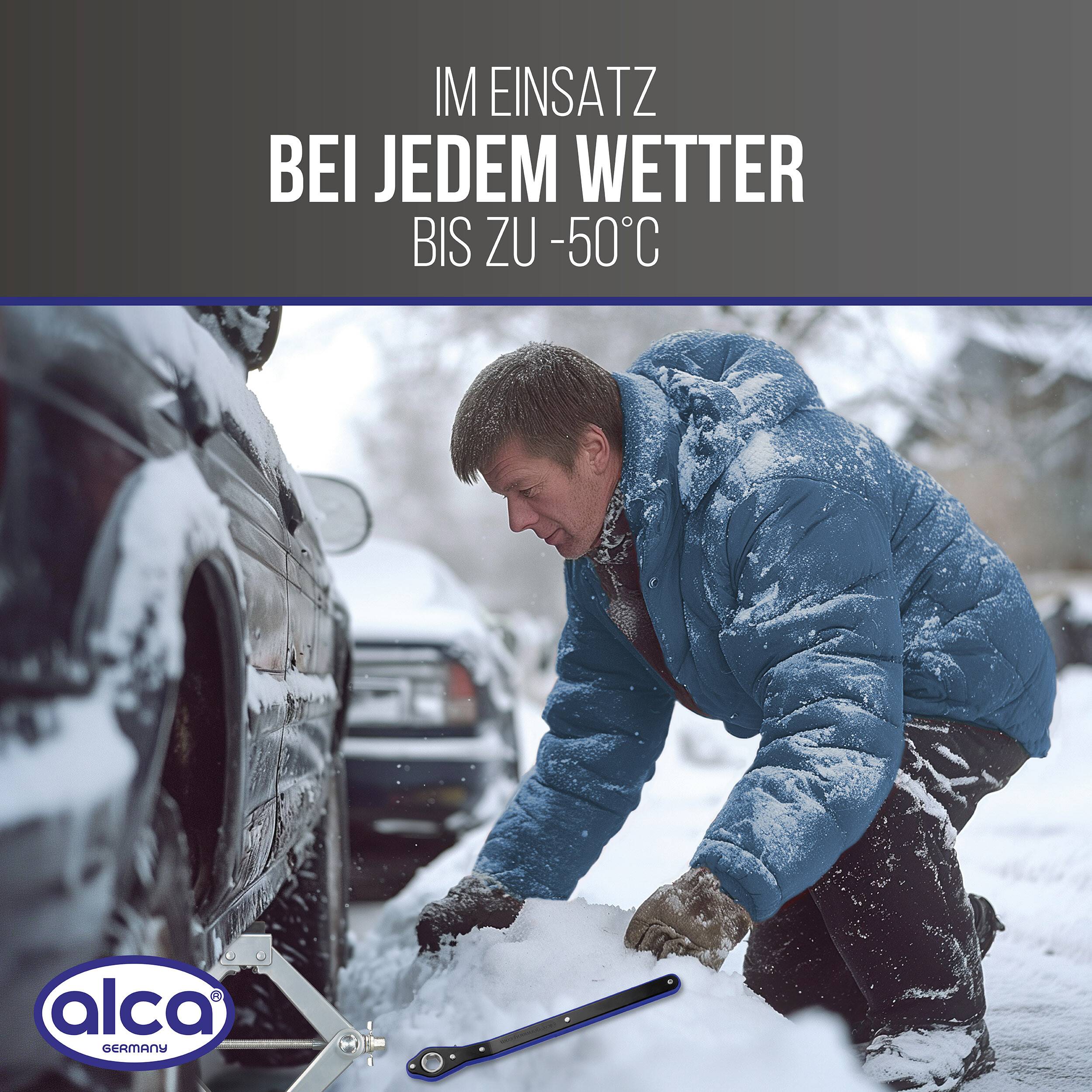 alca® Scherenwagenheber mit Ratsche – 2t Tragkraft, 360° drehbarer Sattel, robuste Qualität bis -50°C, inkl. 17er