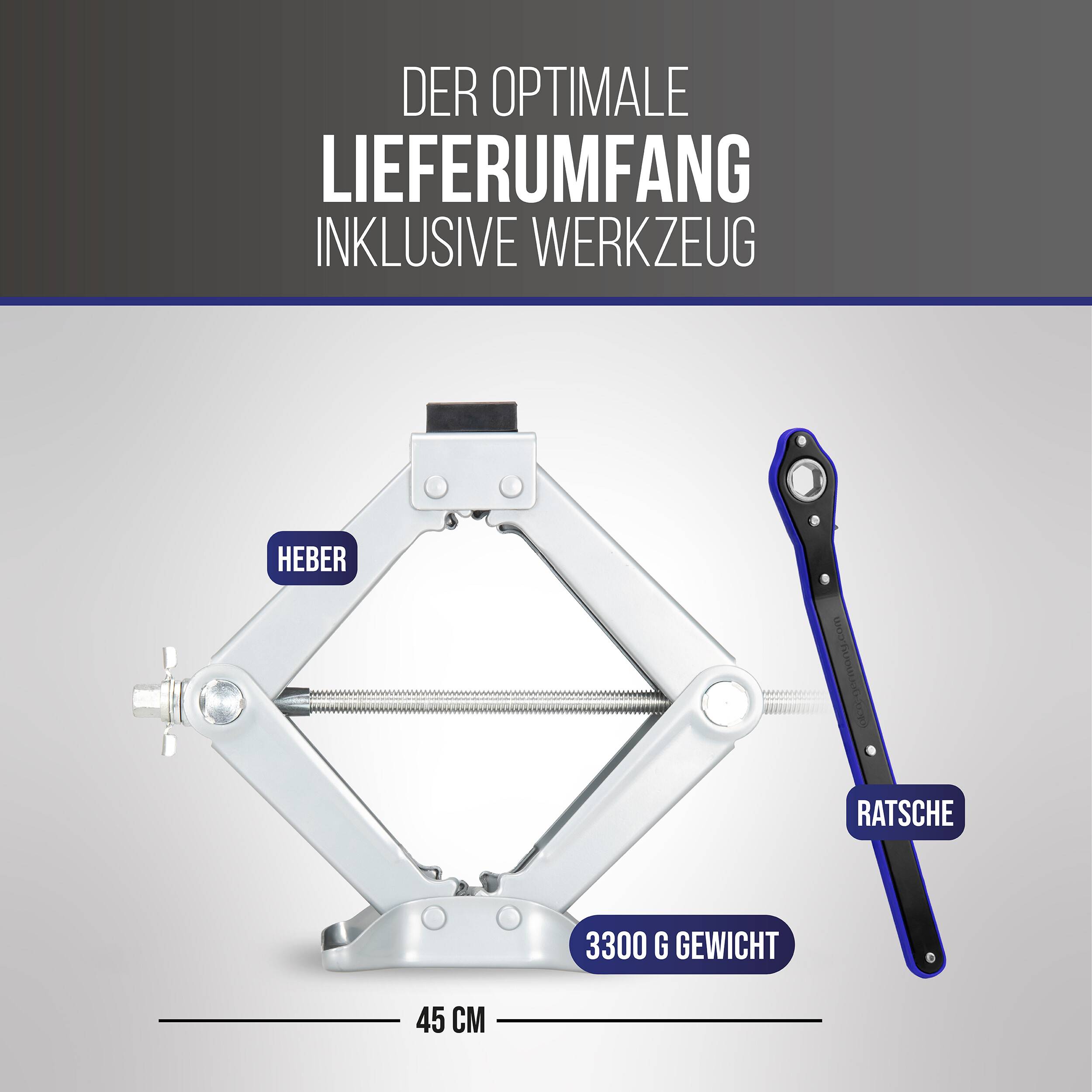 alca® Scherenwagenheber mit Ratsche - 2t Tragkraft, 360° drehbarer Sattel, 115-410mm, inkl. 17er Stecknuss, TÜV